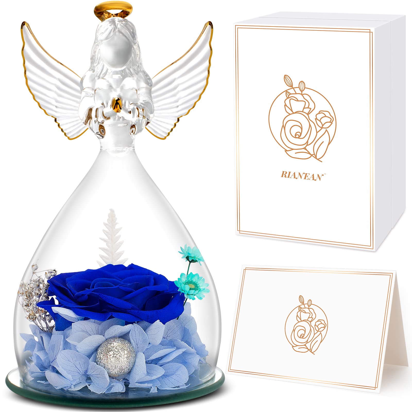 Preserved Rose Gifts in Glass Angel Figurines - Mother's Day, Birthday & Anniversary Gifts for Mom, Wife & Grandma | Long-Lasting Blue Real Roses | Perfect for Home Decor, Wedding Centerpieces & Special Occasion Gifts