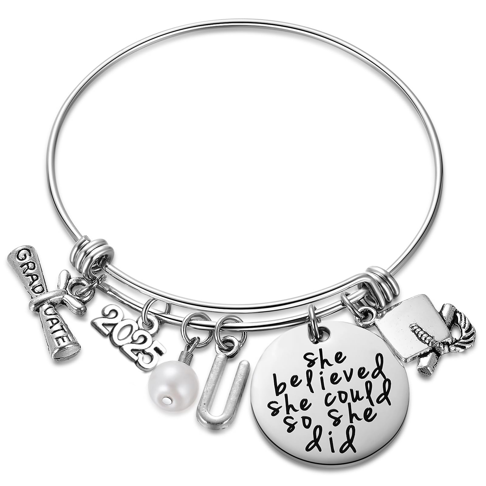 Ukodnus Class of 2025 Graduation Bracelet - Personalized 26 Initial Charm Bracelet for High School & College Seniors - Inspirational Gift for Her - Perfect for Graduation Ceremonies, Parties & Keepsakes