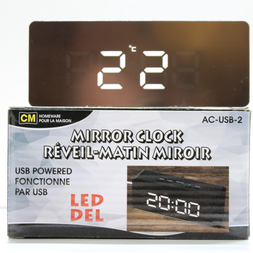 CM HOMEWARE Mirror Alarm Clock with Temperature Display, USB Charging & AC Power - Perfect for Bedroom, Office, and Travel (Black)