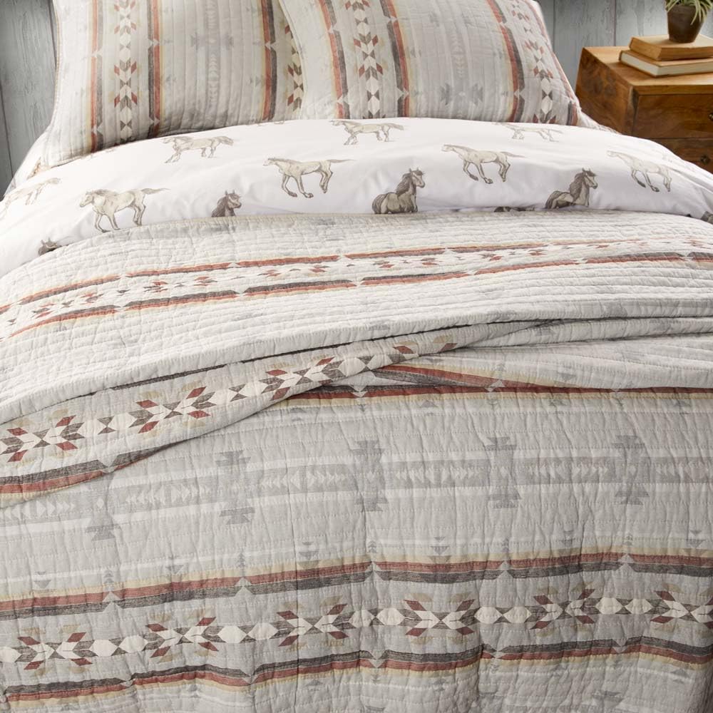 Southwest Style Full/Queen Quilt - 88x92 Inch Neutral Gray Taupe Beige Red Cotton Bedspread with Linen Texture | Perfect for Southwestern Decor, Guest Bedrooms & Cozy Farmhouse Style