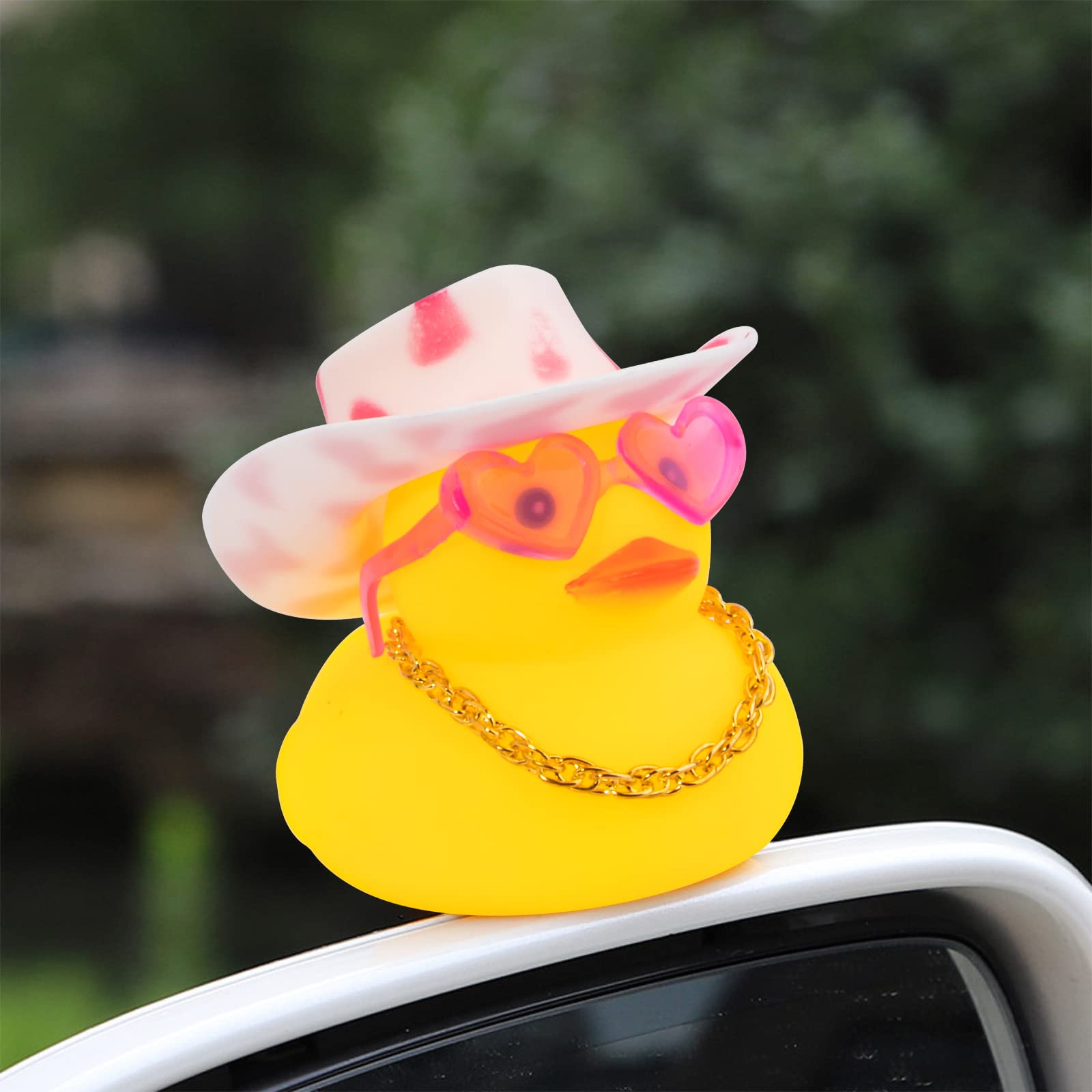 Wonuu Rubber Duck Car Dashboard Decoration - Cute Mini Duck Ornament with Flower Hat, Swim Ring, Necklace & Sunglasses (Red Heart Glasses & Pink Spot Hat) - Fun Car Accessory for Dashboard Decor, Gift Idea