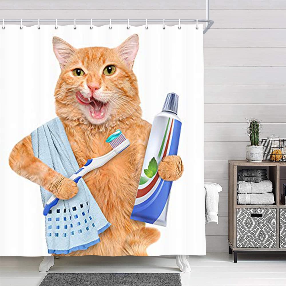 Funny Cat with Toothpaste on Toothbrush Shower Curtain - 69x75 Inches Polyester Bathroom Decor for Kids & Teens - Waterproof, Hooks Included - Perfect for Bathroom, Dorm, or Kids' Room Decor
