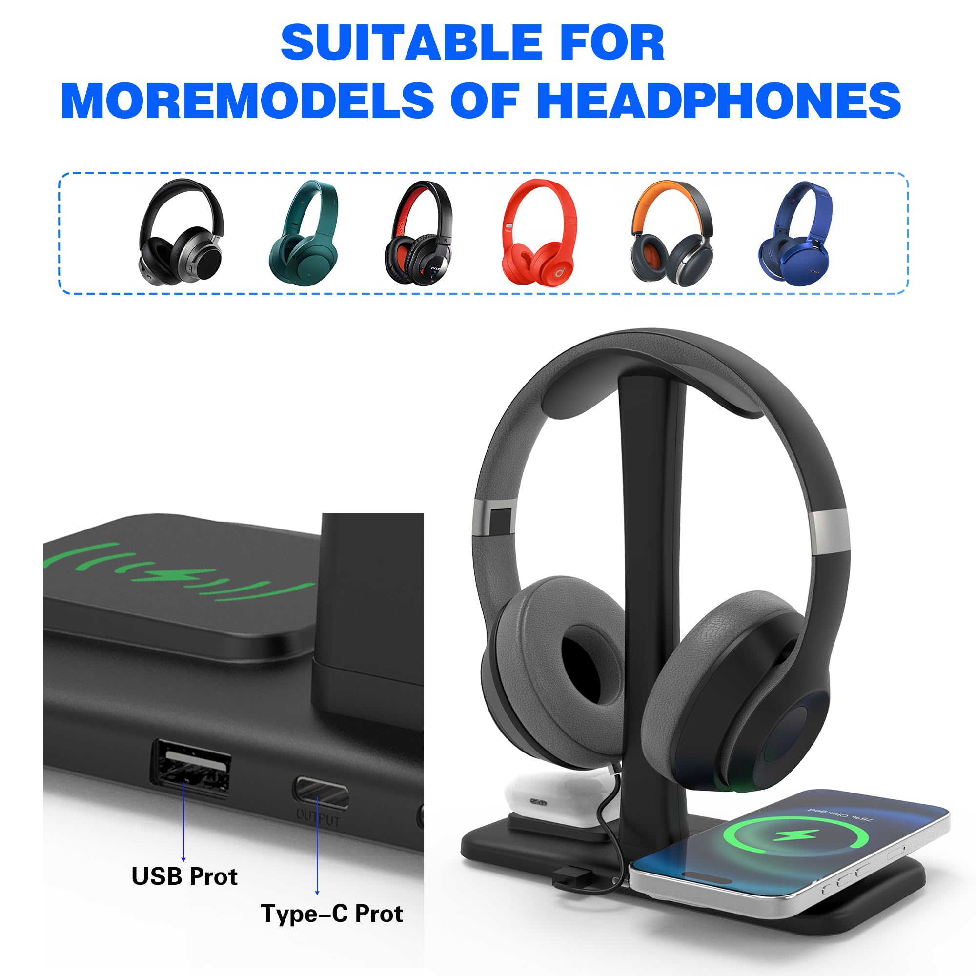 5 in 1 Wireless Charging Headphone Stand - 15W Fast Charging Station for iPhone 15/14/13/12/11/XS/XR/X, AirPods 3/2/Pro/2 - Gaming Headset Holder with USB Ports - Perfect for Office, Gaming & Home Desk Organization (Black)