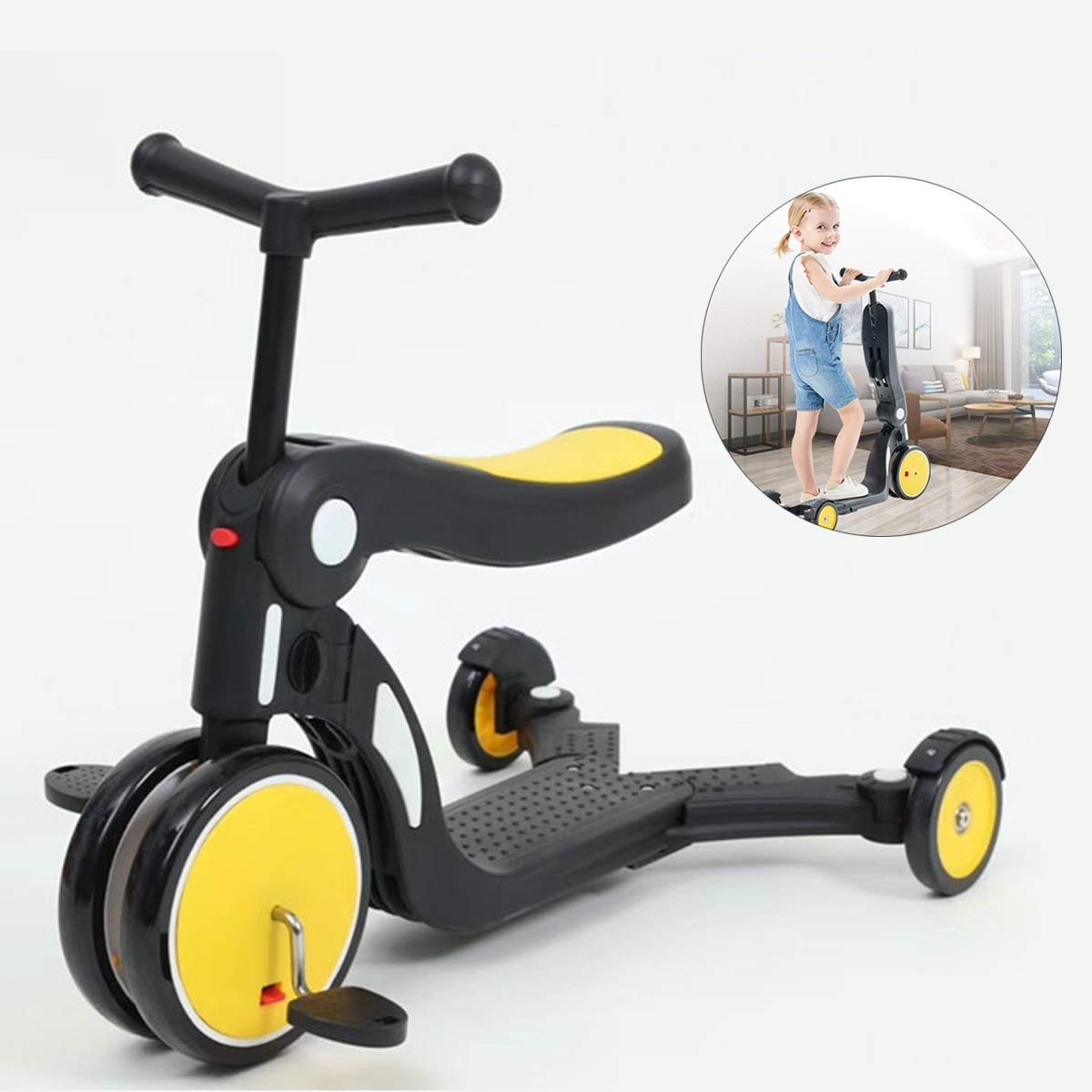 5-in-1 Adjustable Height Kids Scooter with Removable Seat - Toddler Kick Scooter for Boys & Girls Ages 2-10 - Bright Yellow Wheels for Outdoor Play, Park Rides & Neighborhood Fun