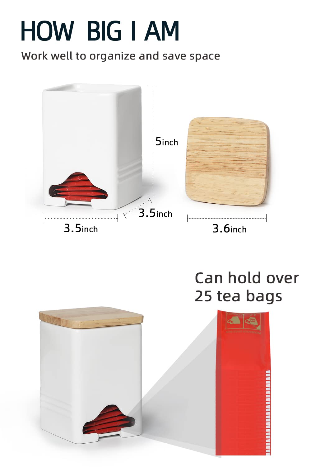 Ceramic Tea Bag Storage Organizer with Lid - White | Compact Tea Bag Holder & Dispenser for Kitchen Countertop, Office Desk, or Gift