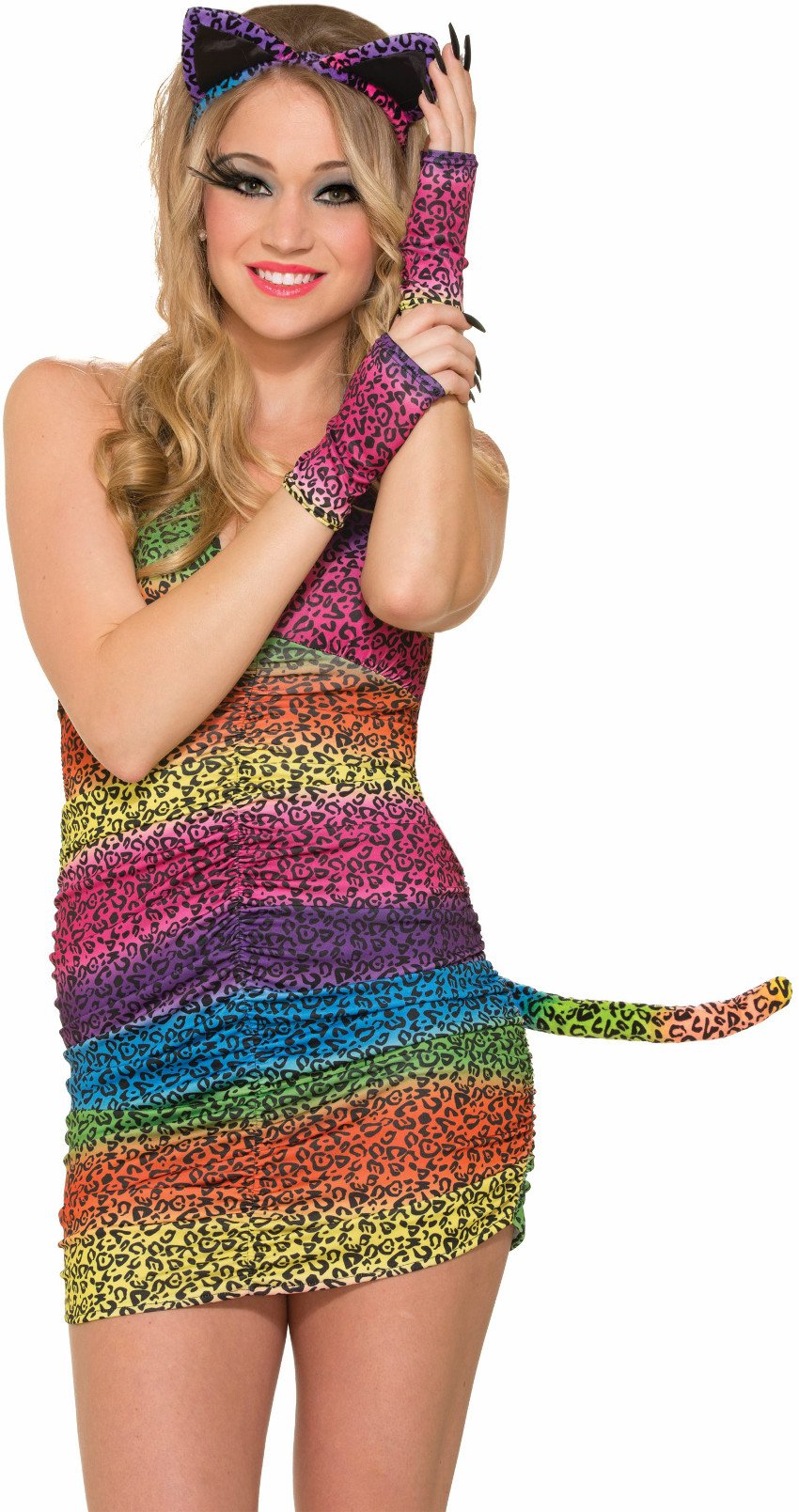 Forum Novelties Fingerless Gloves - Rainbow Leopard Print Fashion Gloves for Women & Men, Stretchy Knit Wrist Warmers - Perfect for Winter, Cosplay, Concerts and Outdoor Activities