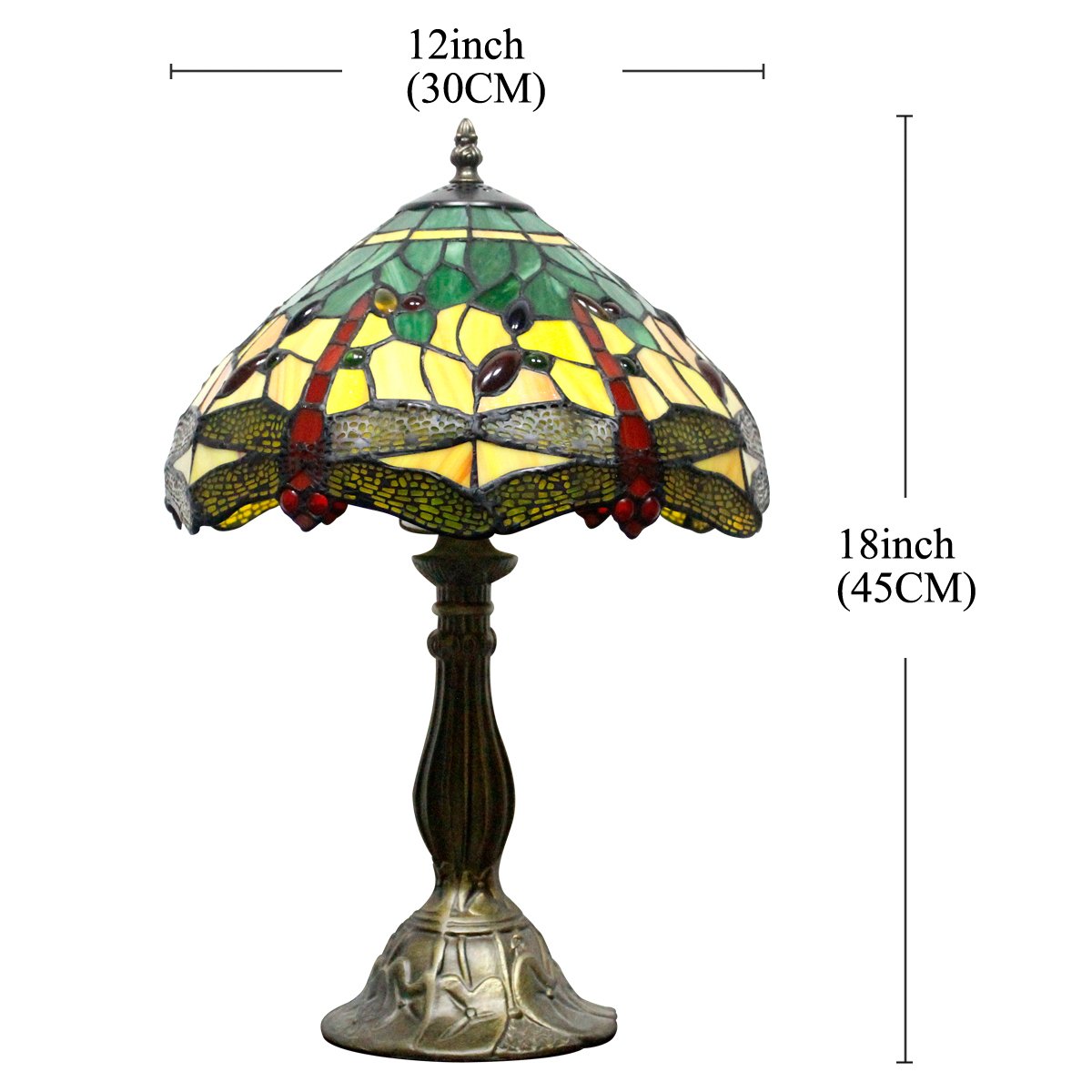 WERFACTORY Tiffany Style Dragonfly Table Lamp - 12x12x18 Inch Stained Glass Bedside Light in Green & Yellow (S009G Series) - Perfect for Bedroom, Living Room, Home Office Decor & Reading