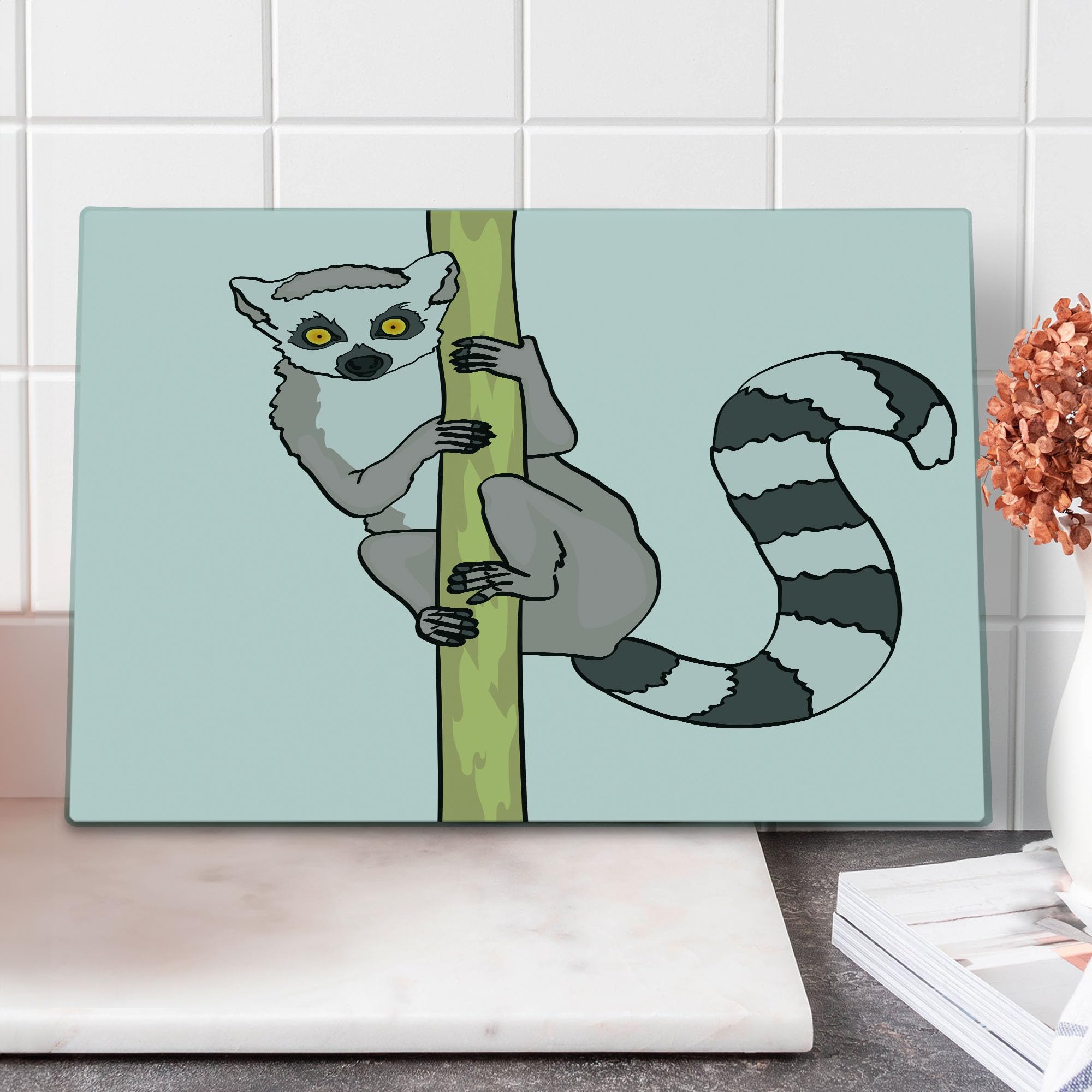 Ambesonne Lemur Tempered Glass Cutting Board - Large Decorative Serving Board with Exotic Wild Monkey Cartoon Design, Grey Yellow - Perfect for Kitchen Prep, Charcuterie, and Party Platters