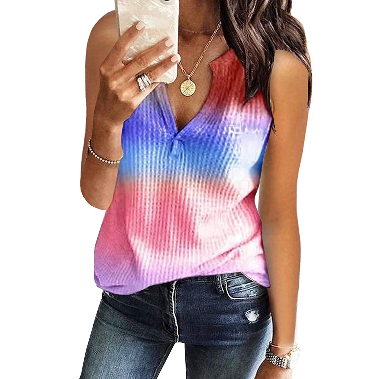 Women's V-Neck Waffle Knit Tank Tops - Summer Casual Sleeveless Loose Tee Shirts & Tie Dye Flowy Blouses for Beach, Yoga, and Everyday Wear