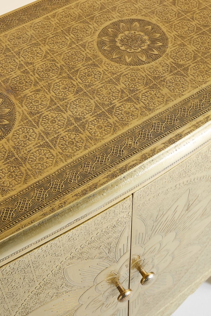 Hand Embossed Lotus Entryway Cabinet - Antique Brass Metal Console Table for Hallway, Living Room & Foyer Decor