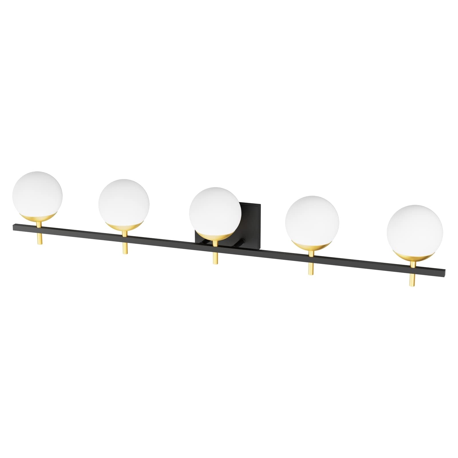 Ralbay Mid Century Modern Vanity Light Fixture - 5 Light Milky Glass Globe Bathroom Sconce for Mirror Lighting, Black/Gold Finish - Perfect for Contemporary Bathroom, Powder Room, and Dressing Area Illumination