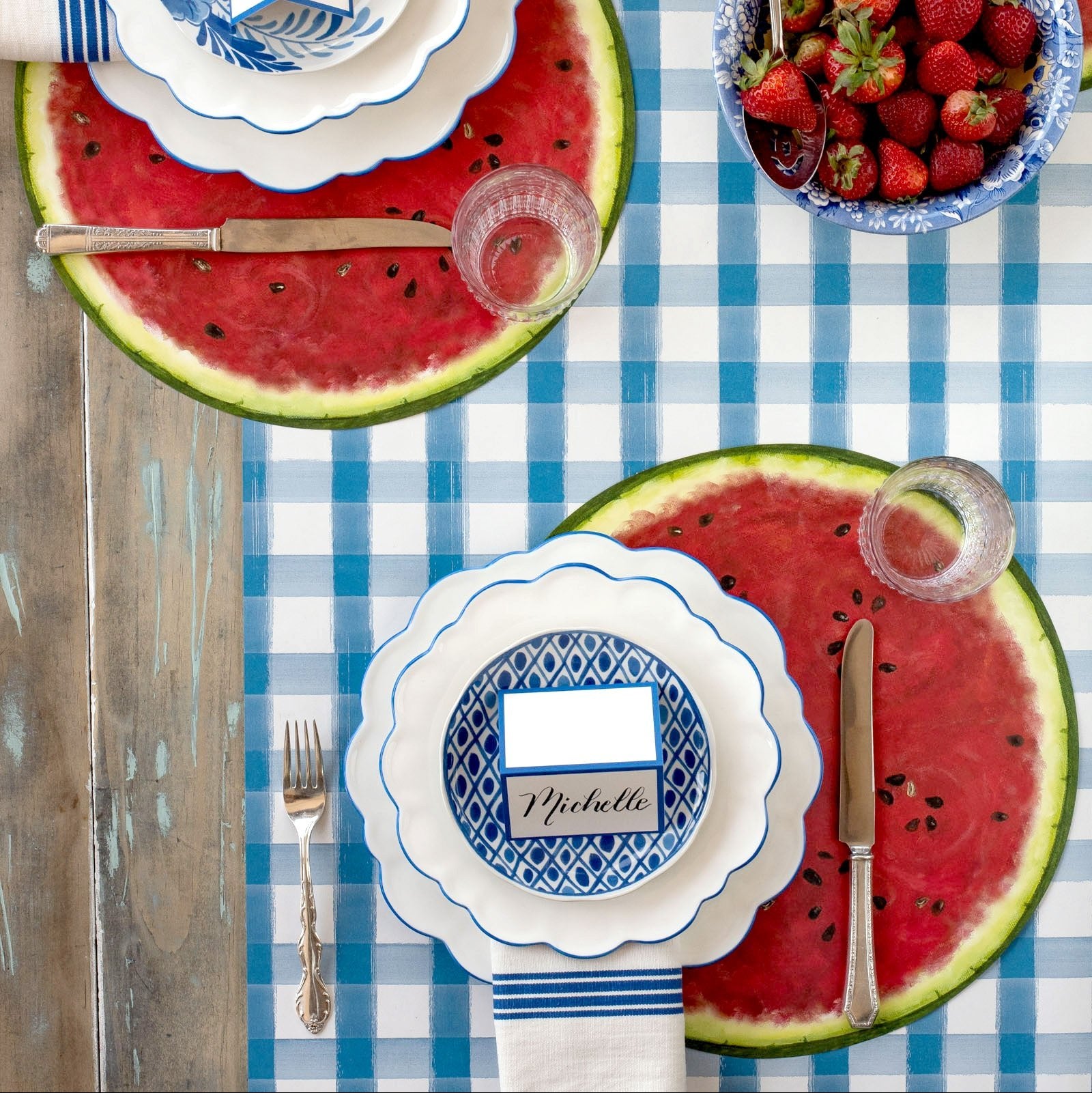 Blue Painted Check Runner - Stylish Table Runner for Dining Room Decor, Kitchen Decor, and Holiday Table Settings
