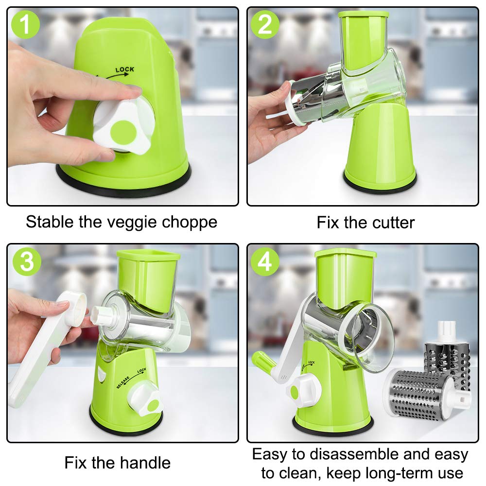 Premium Rotary Cheese Grater - 3 Interchangeable Stainless Steel Blades for Effortless Shredding | Perfect for Cheese, Vegetables, Nuts & Fruits | Easy to Clean Kitchen Gadget (Green) - Ideal for Meal Prep, Pizza Topping & Salad Making