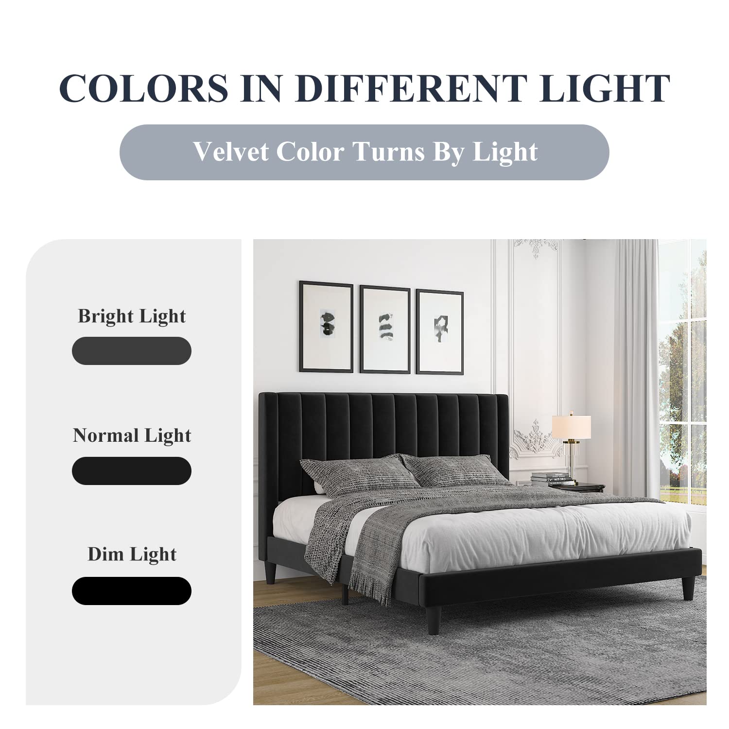 **Allewie Full Size Platform Bed Frame - Velvet Upholstered with Vertical Channel Tufted Headboard, Sturdy Wooden Slats & Mattress Foundation | Box Spring Optional | Easy Assembly | Black | Perfect for Modern Bedrooms & Guest Rooms**