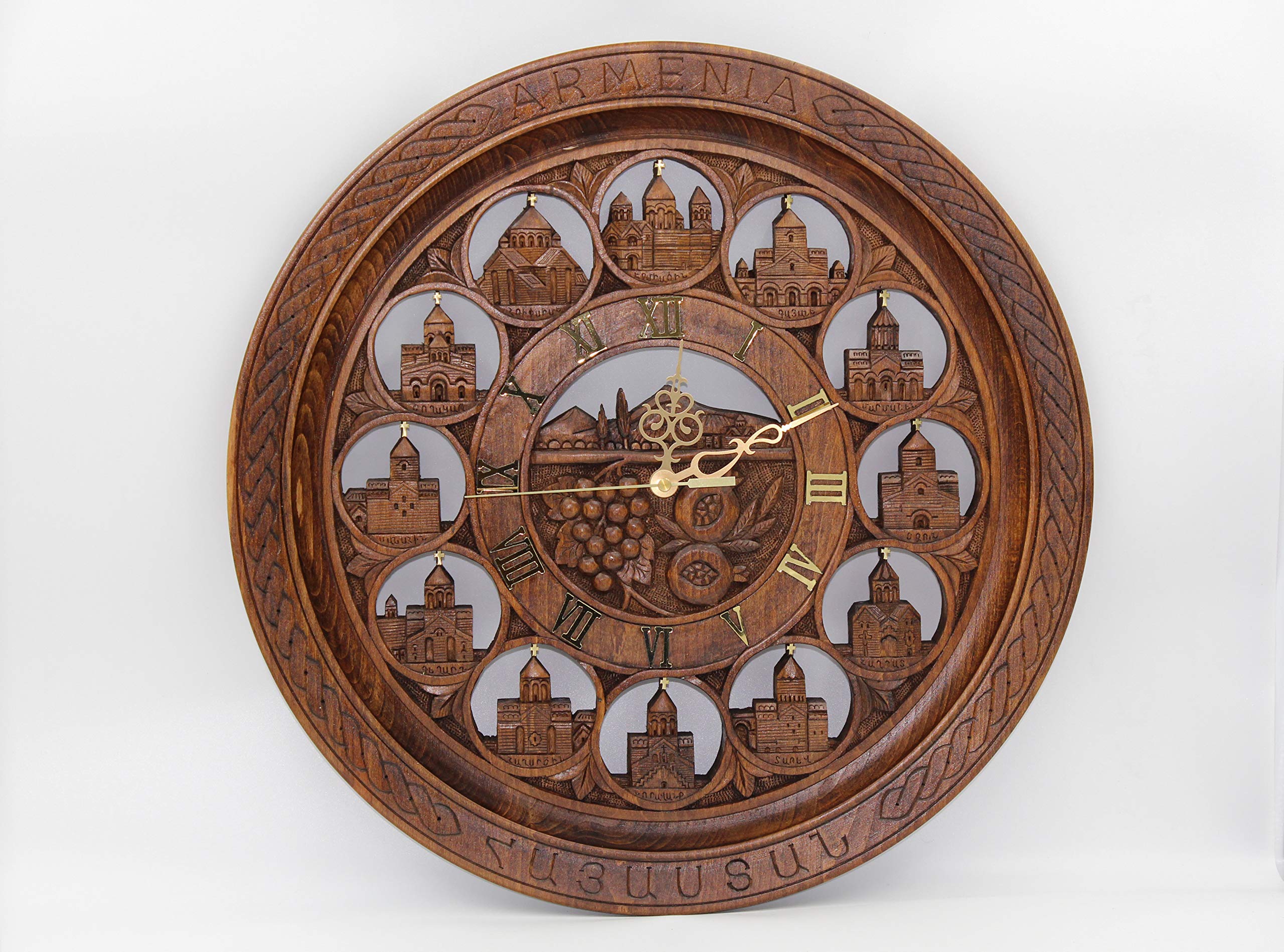 Handmade Wooden Wall Clock - Armenian Church & Mount Ararat Carved Decor - Unique Wood Art Gift for Home, Office & Church Decorations