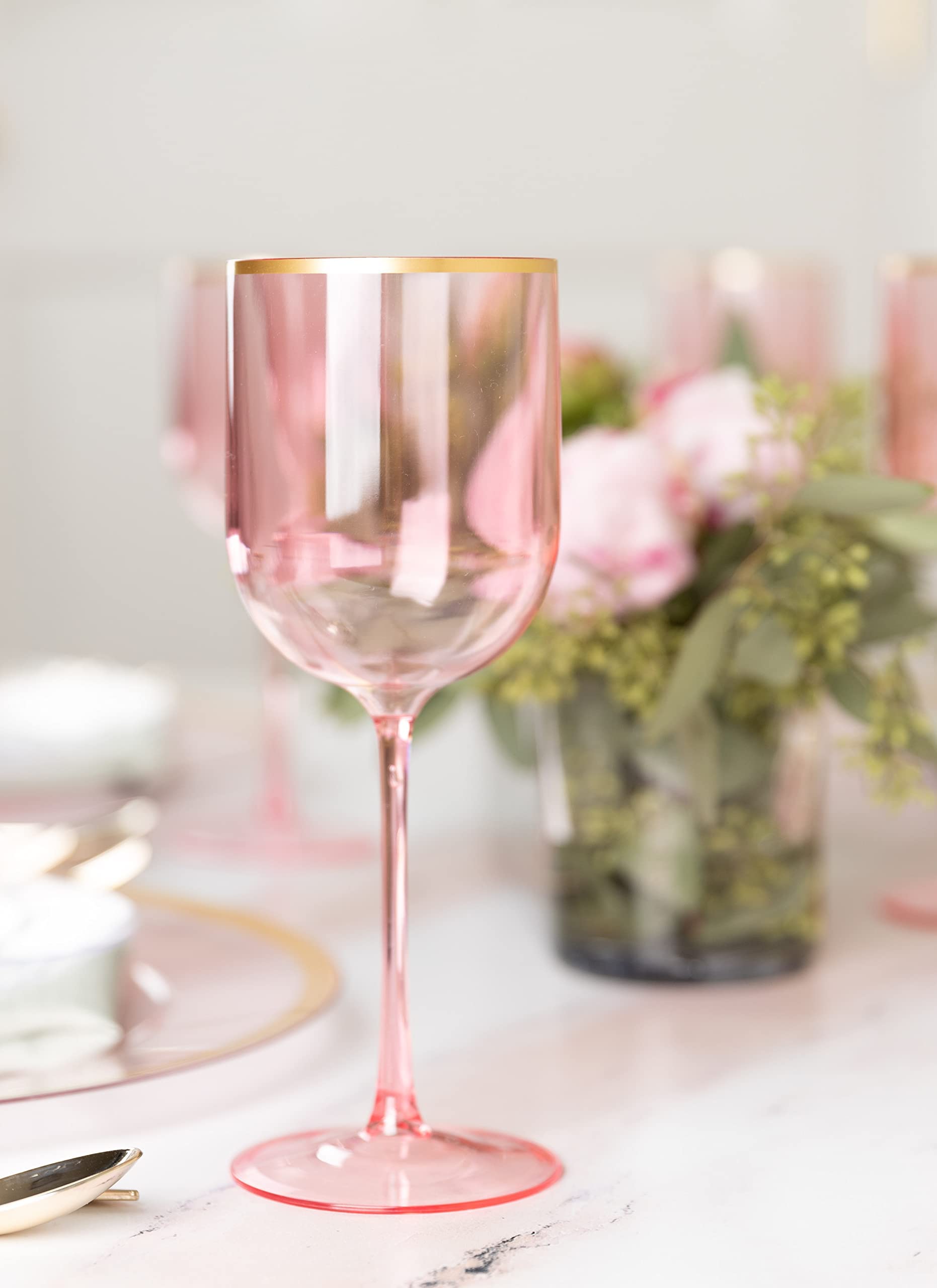 Elegant 12 oz Disposable Plastic Wine Goblets - Pink with Gold Rim, 30-Pack for Weddings, Outdoor Events, Poolside Parties & Home Entertaining | Stemmed Plastic Wine Glasses for Cocktails, Champagne & Beverages