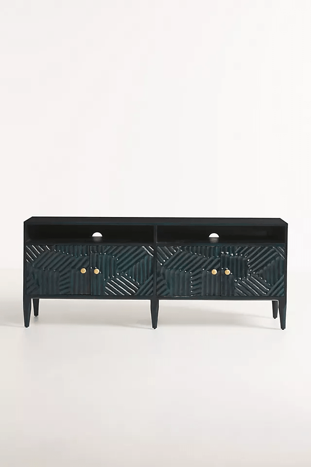 Hand Carved Paje Media Console - Solid Wood TV Stand in Indigo Blue for Living Room, Bedroom & Home Theater | Rustic Farmhouse Furniture with Storage Shelves