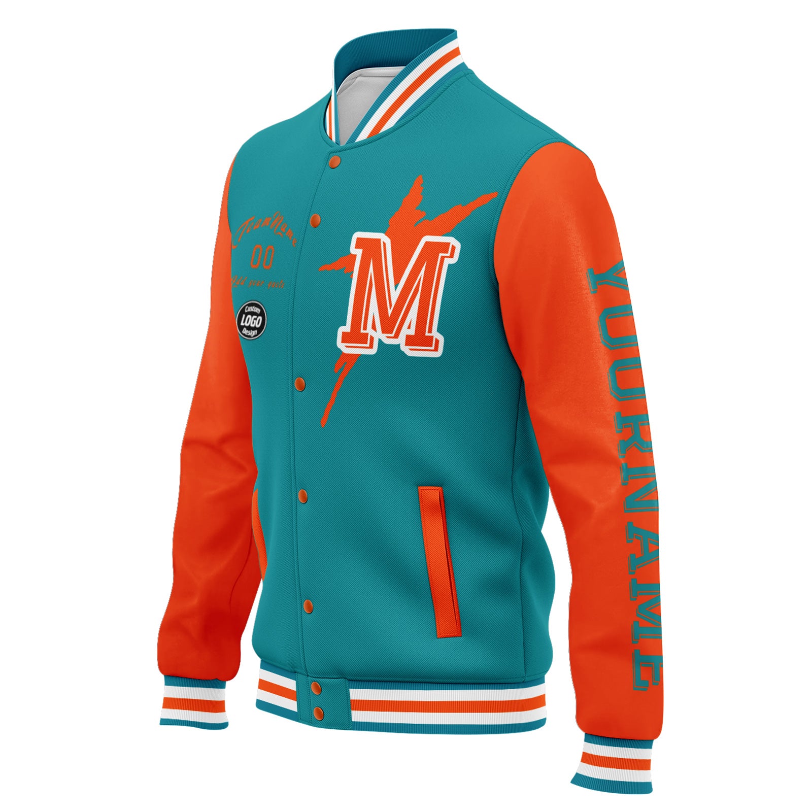 Custom Blue & Orange Miami Bomber Jacket - Personalized Varsity Letterman Jacket with Full Snap Closure (FZ005SX D020290 24) - Perfect for School Spirit, Sports Events & Streetwear Fashion