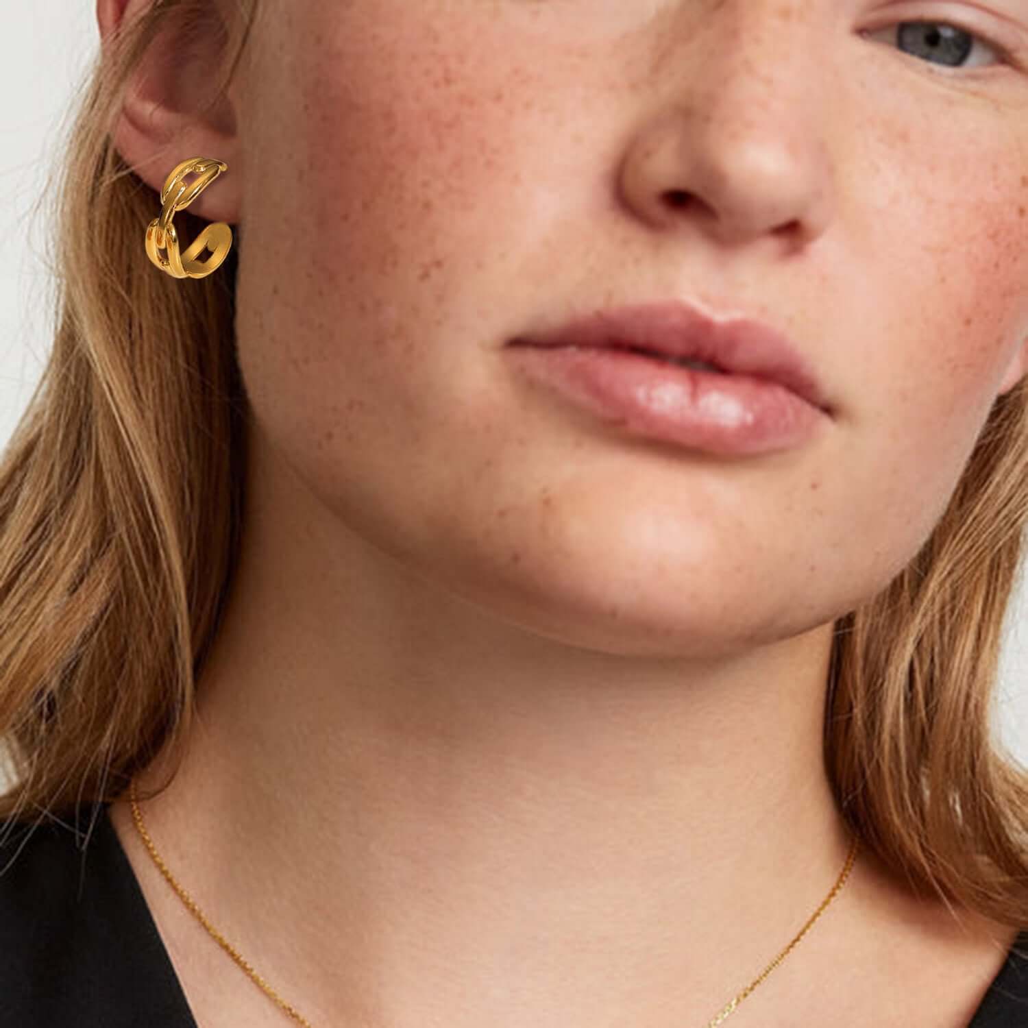 18K Gold Plated Hollow Connected Chain C Hoop Earrings & Ring Set - Trendy Jewelry for Women | Perfect for Parties, Weddings & Everyday Wear | JDE835