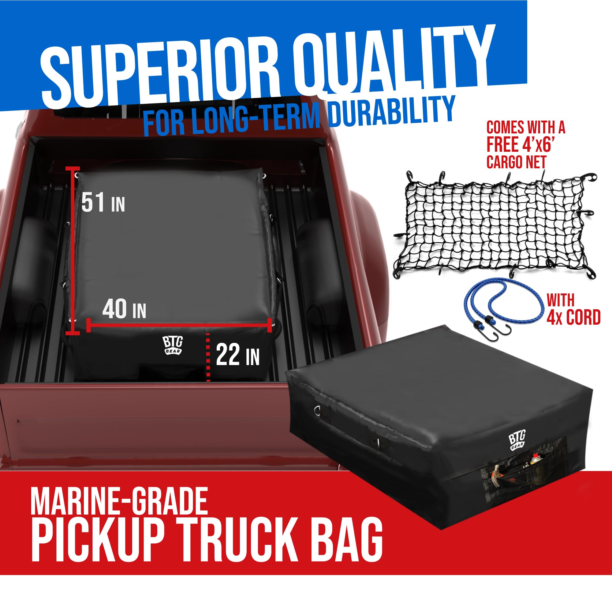 51”x 40” Waterproof Black Pickup Truck Cargo Storage Bag with Cargo Net & Front Pocket - Durable Organizer for Camping Gear, Luggage & Road Trips