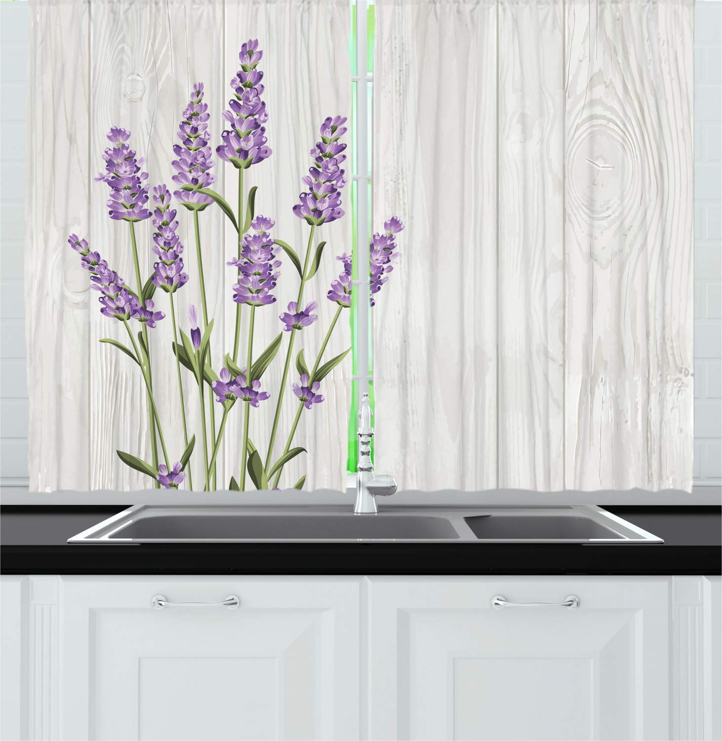 Ambesonne Lavender Long Kitchen Curtains - Aromatic Herbs Bouquet on Rustic Wood Planks, Olive Green & Pale Grey Country Style Drapes (Set of 2 Panels, 55