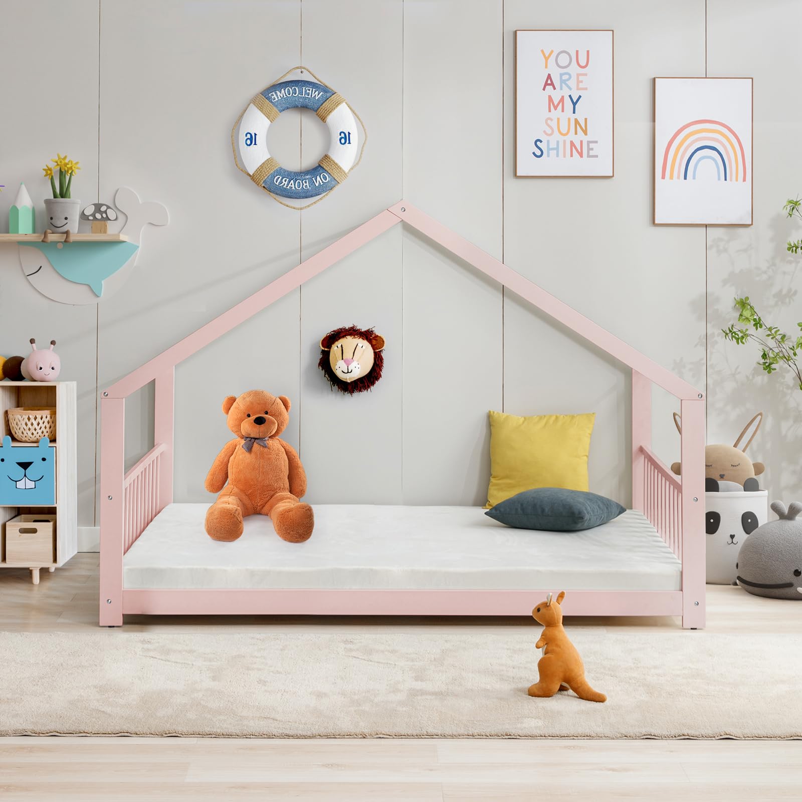 Montessori Full Size Floor Bed for Kids - Wooden House Bed Frame with Roof - Toddler Bed for Boys & Girls - Pink - Perfect for Bedrooms, Playrooms & Montessori Learning Spaces