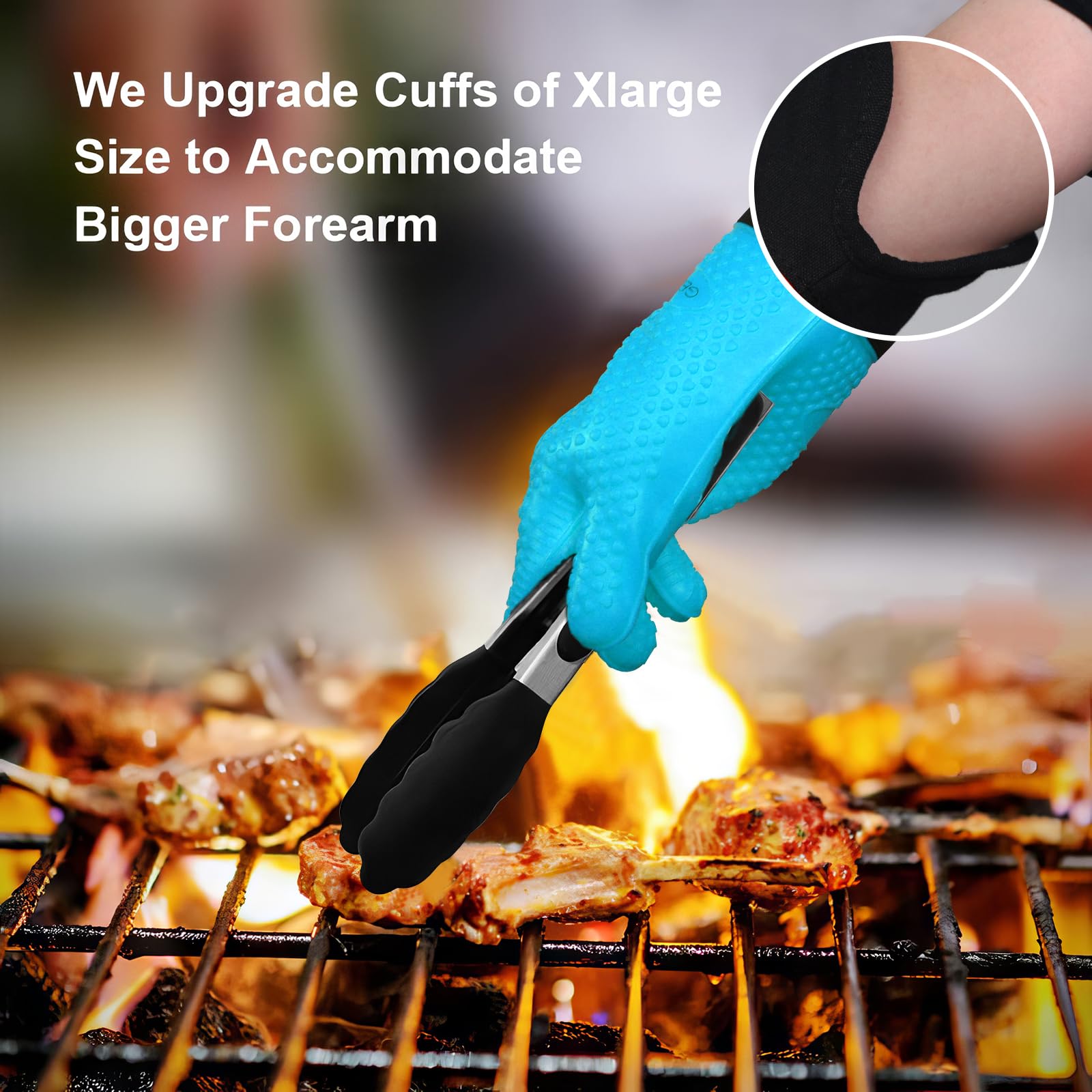 GEEKHOM Heat Resistant BBQ Gloves - Extra Large Silicone Oven Mitts for Grilling, Baking & Frying - Waterproof, Non-Slip & Oil Resistant Kitchen Gloves - Perfect for Weber Grill, Smoker, Microwave & Outdoor Cooking (Aqua Blue)