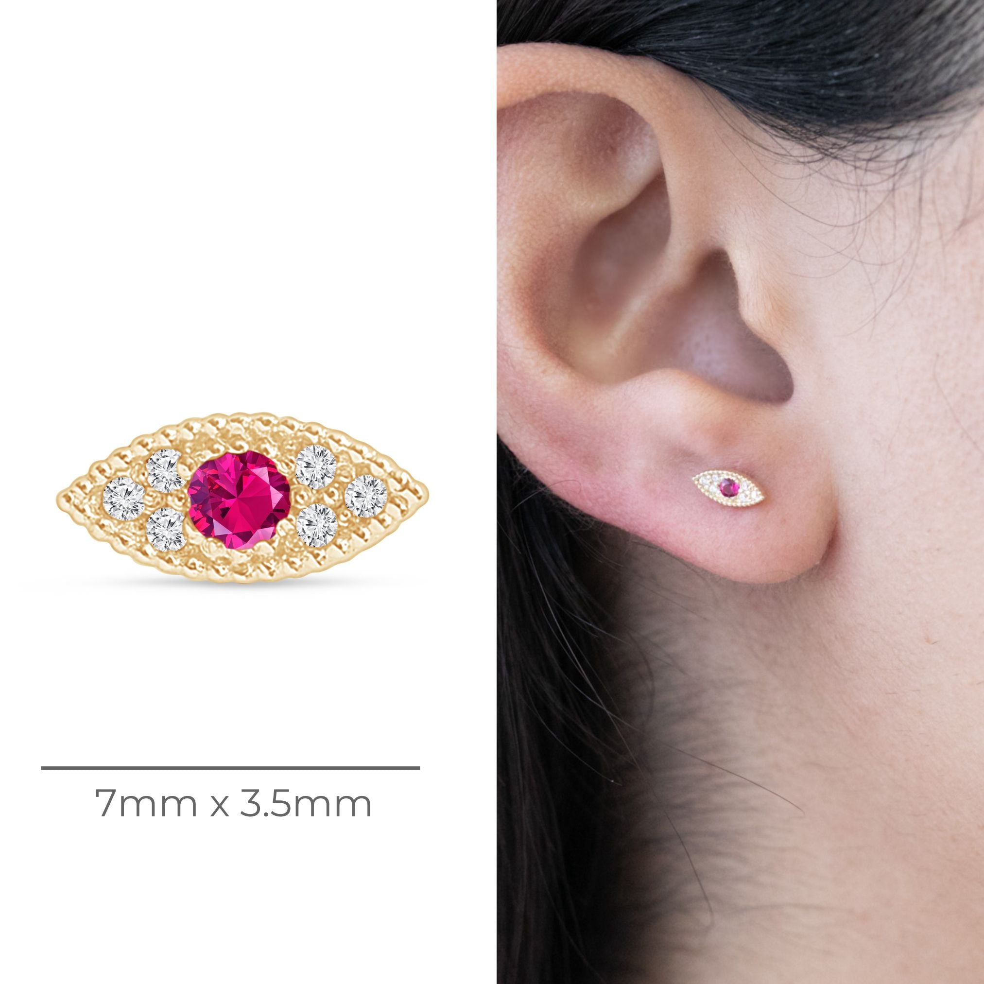 14k Yellow Gold Ruby Evil Eye Flat Back Stud Earrings for Women - Protection Jewelry for Everyday Wear & Gifting