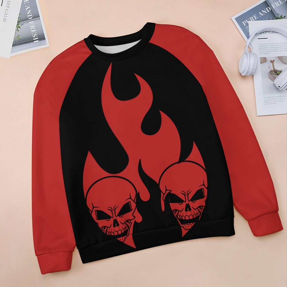 Burning Skulls Raglan Round Neck Sweater - Gothic Style Long Sleeve Pullover for Men & Women | Perfect for Halloween, Concerts, and Alternative Fashion