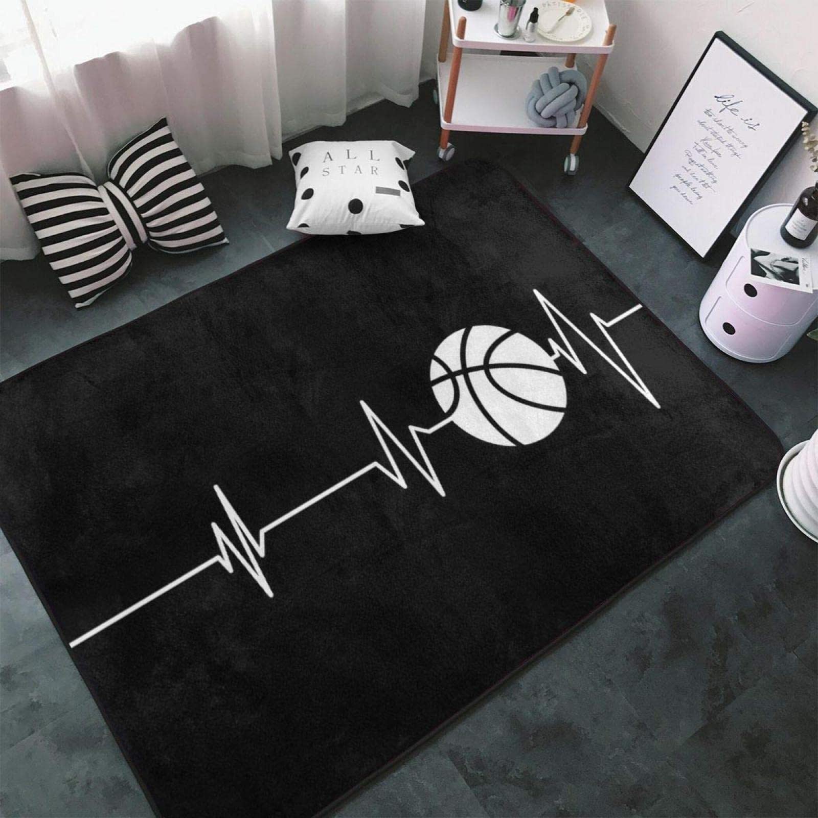 Black and White Basketball Area Rug – Non-Slip Indoor Floor Carpet for Living Room, Bedroom & Home Decor (5.3' x 4') – Perfect for Sports Fans, Game Rooms & Teen Bedrooms