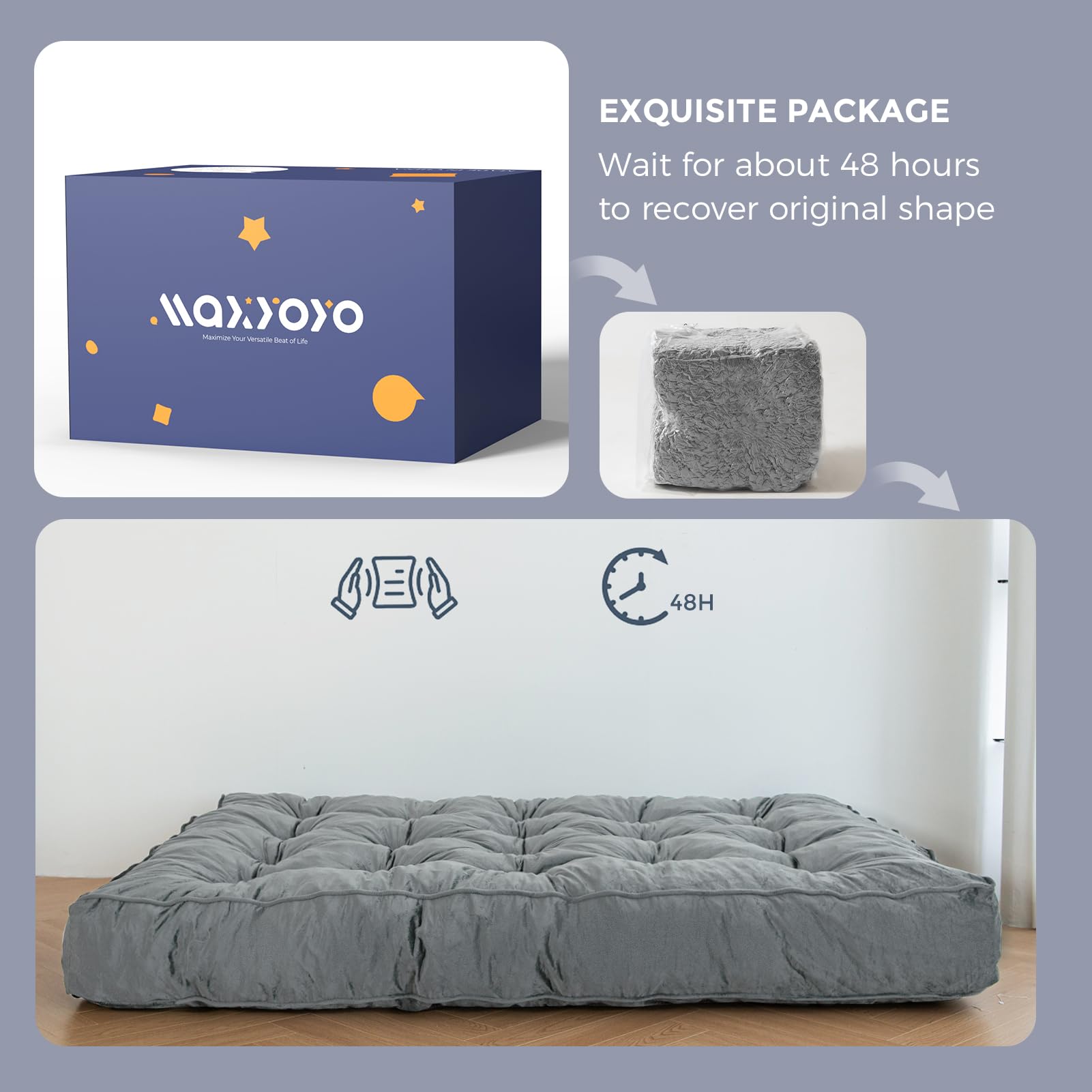 MAXYOYO 8 Inch Full Size Futon Mattress - Extra Thick Velvet Sofa Bed & Floor Mattress for Adults with Shredded Foam Filling (Dark Grey) - Perfect for Guest Rooms, Dorms, Apartments & Small Spaces