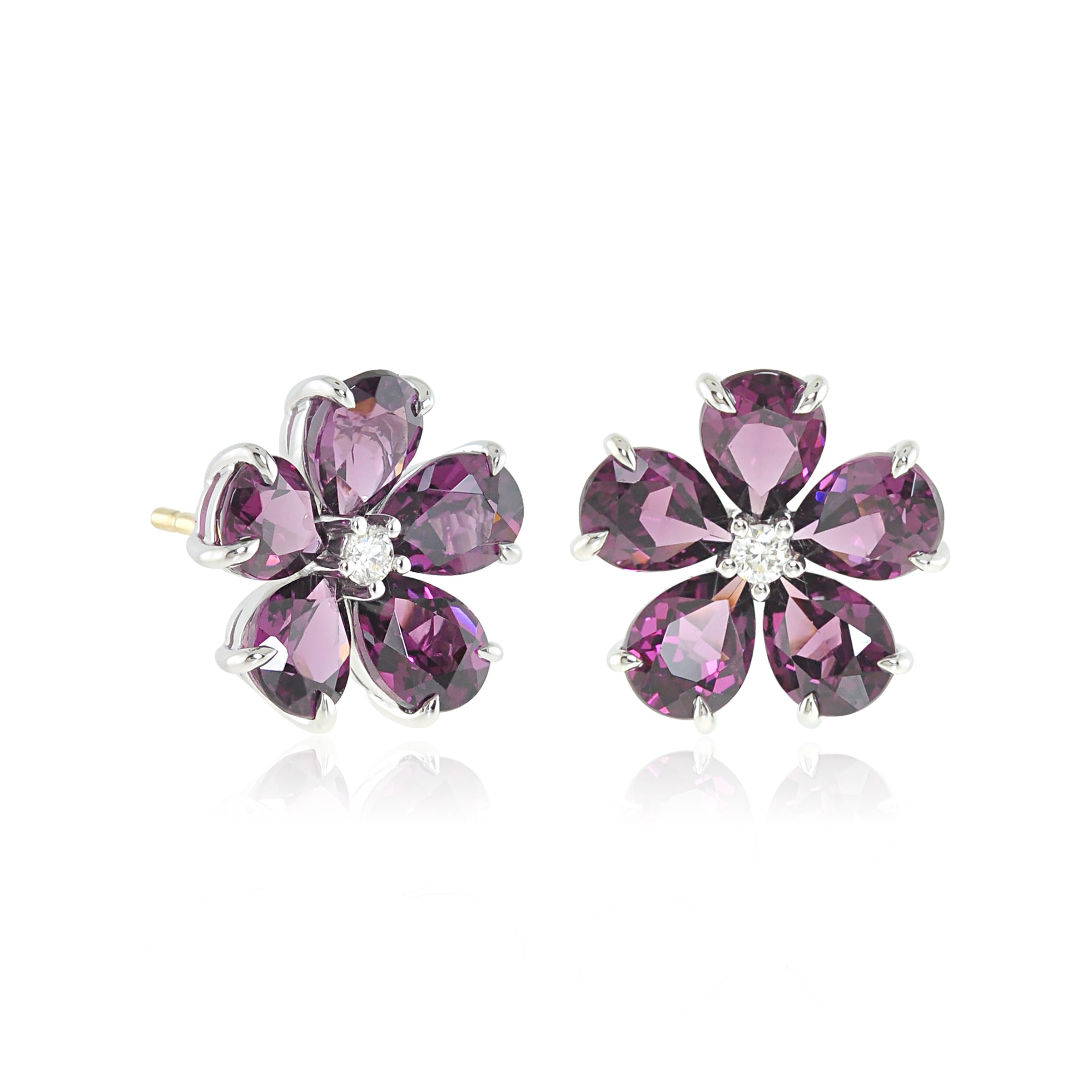 Forget Me Not Earrings - Genuine Rhodolite Garnet & Diamond Floral Jewelry for Women, Gift for Her, Anniversary, Wedding, Birthday, Valentine's Day