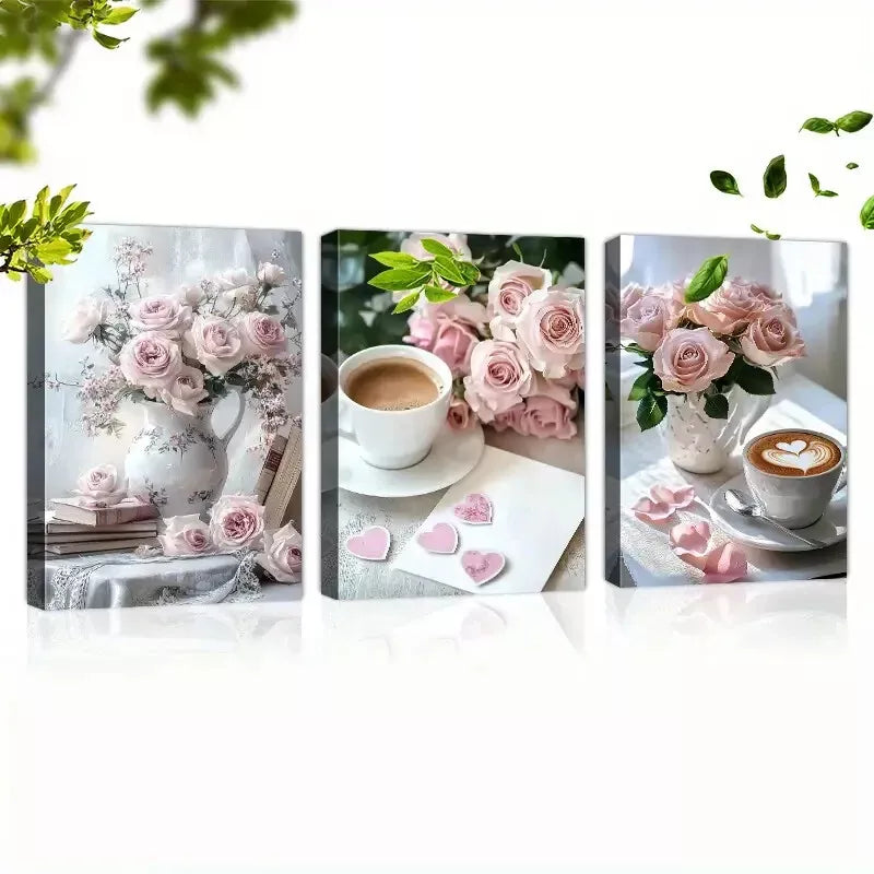 3pc Pink Rose Coffee Wall Art Set - Framed Canvas 50x70cm | High Quality Print | Australian Made | Ready to Hang | Perfect for Kitchen, Dining Room & Cafe Decor