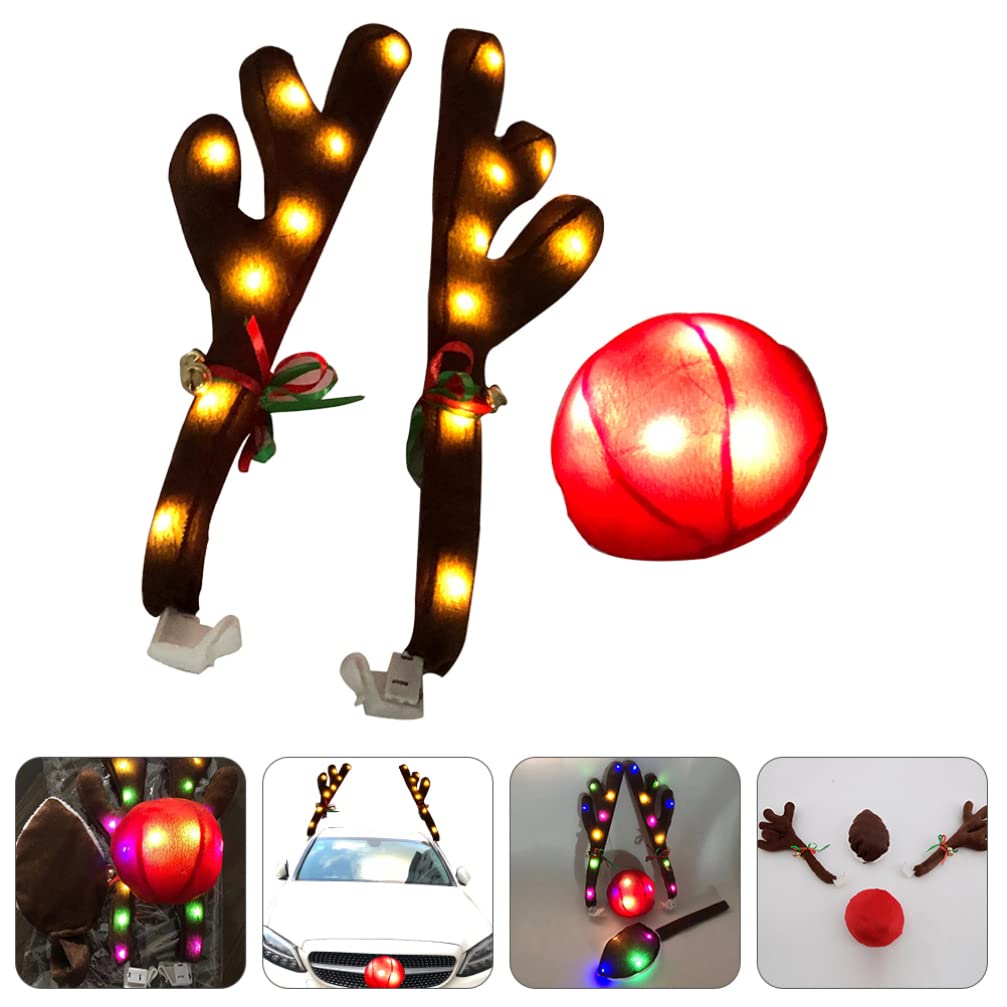VICASKY LED Luminous Reindeer Antlers Car Decor - Christmas Roof Top Ornament with Red Nose & Plush Suit Kit for Auto Window Decoration | Perfect for Holiday Car Parades, Christmas Parties & Festive Family Road Trips