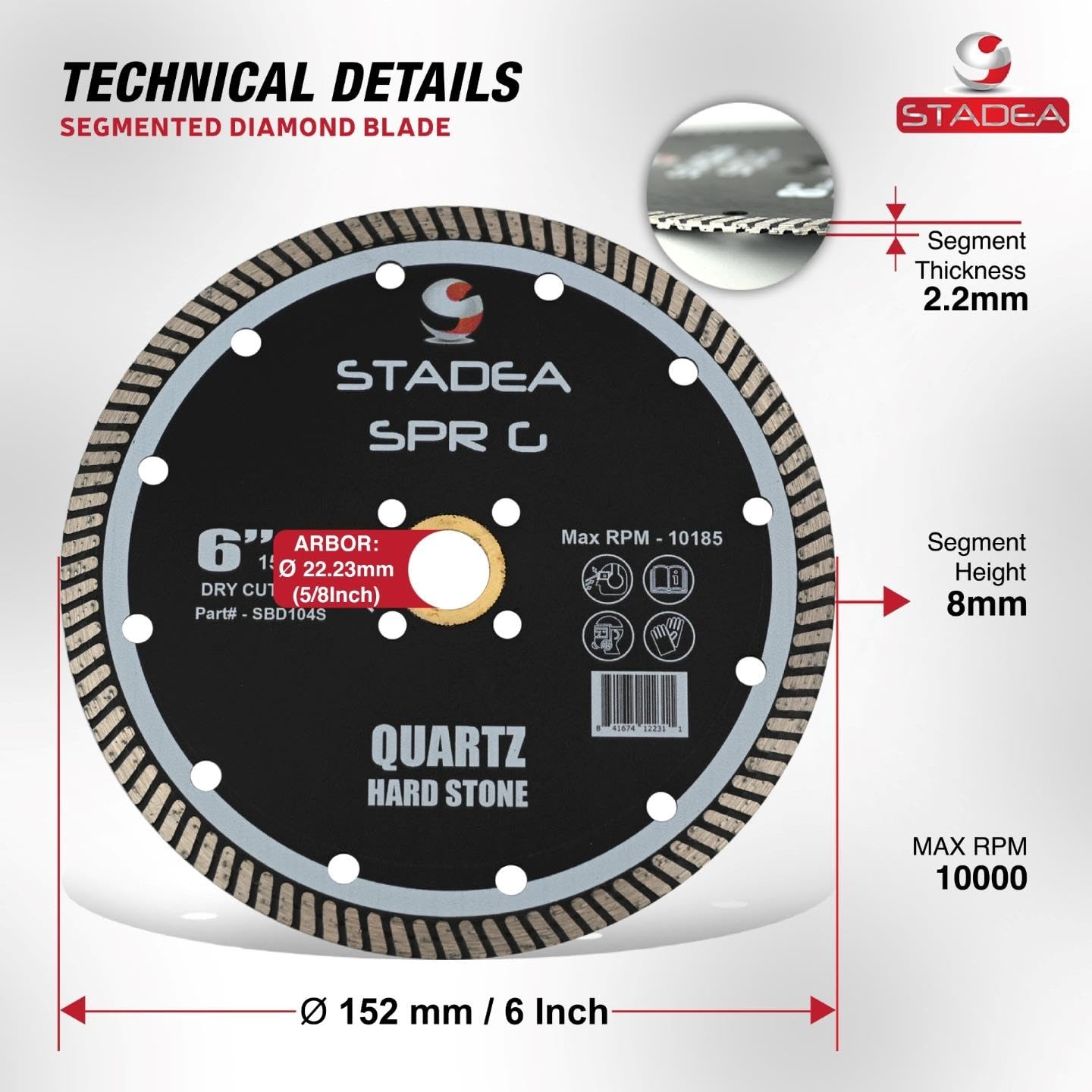 Stadea SBD124S 6-Inch Diamond Saw Blade for Angle Grinder - Continuous Turbo Rim for Dry Cutting Granite, Marble, Hard Stone - 8mm Segments (Pack of 10) - Perfect for Tile, Masonry & Concrete Cutting Projects