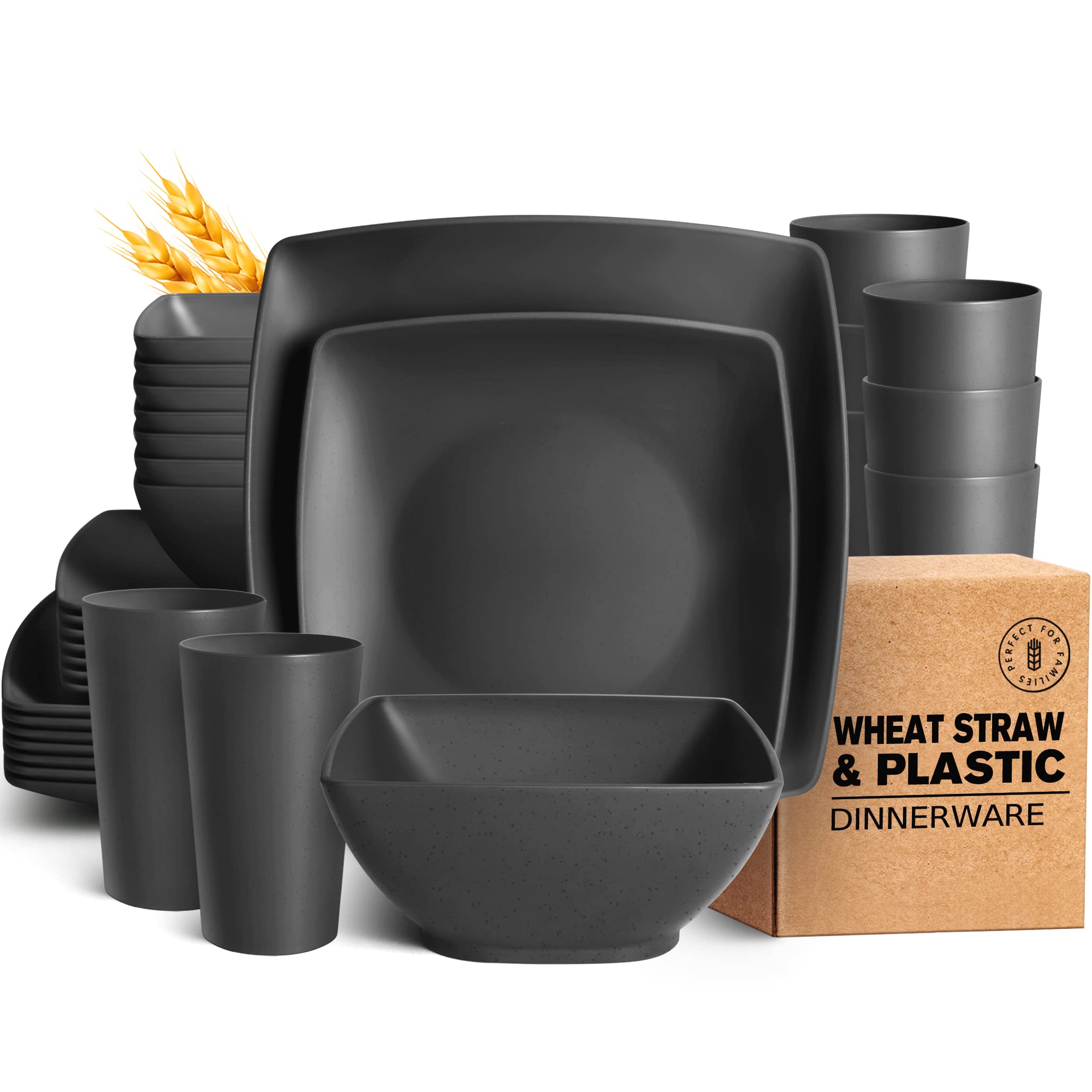 Teivio 32-Piece Unbreakable Plastic Wheat Straw Dinnerware Set for 8 - Square Dinner Plates, Salad Plates, Snack Bowls & Tumblers | Dishwasher Safe, Eco-Friendly Black Tableware | Perfect for Parties, Picnics & Everyday Dining