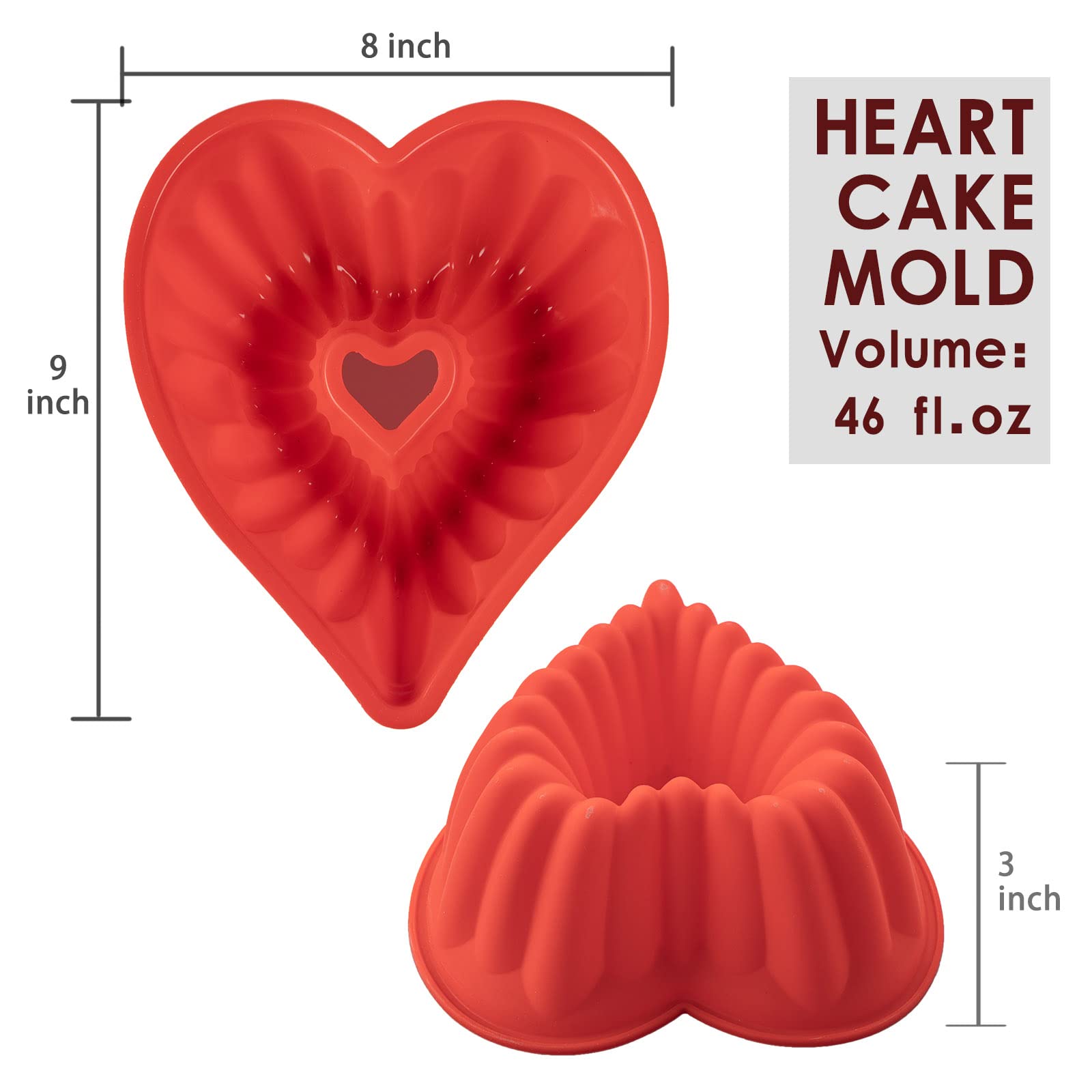 8 Inch Silicone Heart Cake Pan - 2 Pack Nonstick Love Heart Shaped Bundt Cake Mold for Valentine’s Day, Jelly, Pudding & Chocolate Baking - Perfect for Romantic Desserts, Birthday Cakes & Party Treats