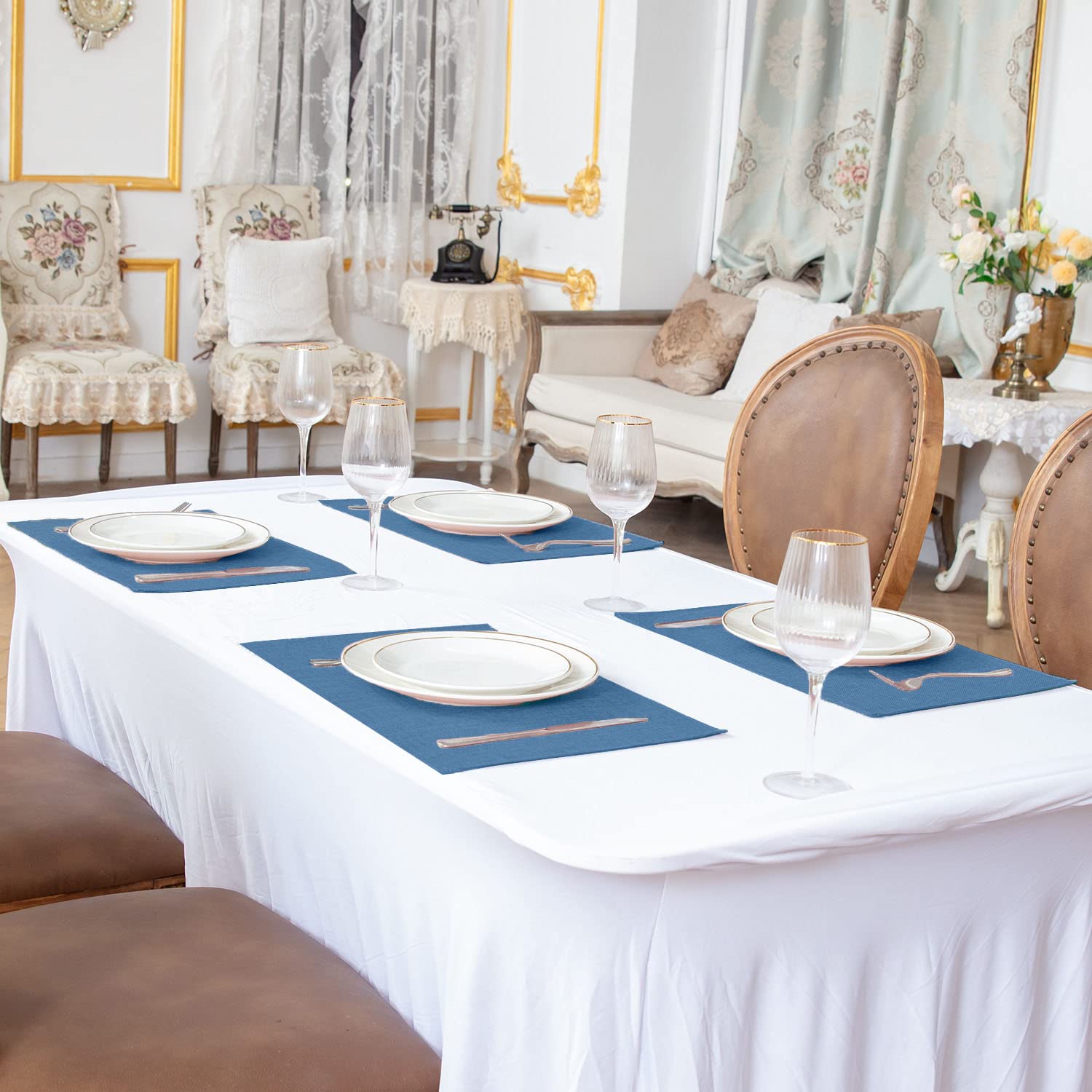 Premium 8-Piece Linen-Like Polyester Placemats Set - Machine Washable, Heat Resistant & Wrinkle-Free Thick Dining Table Mats for Kitchen & Formal Occasions (Navy Blue) | Perfect for Everyday Meals, Dinner Parties & Holiday Gatherings