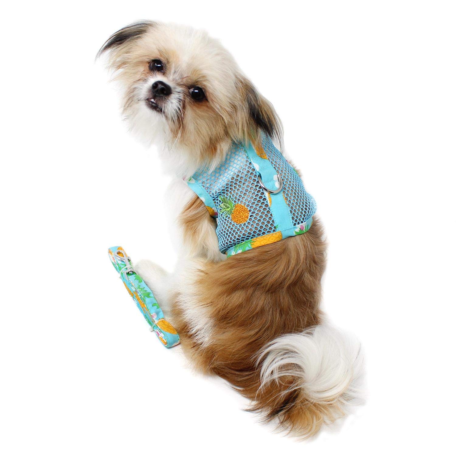 DOGGIE DESIGN Cool Mesh Dog Harness with Leash - Breathable Pineapple Luau Print Adjustable Pet Vest (Medium) - Perfect for Summer Walks, Beach Outings & Tropical Vacations