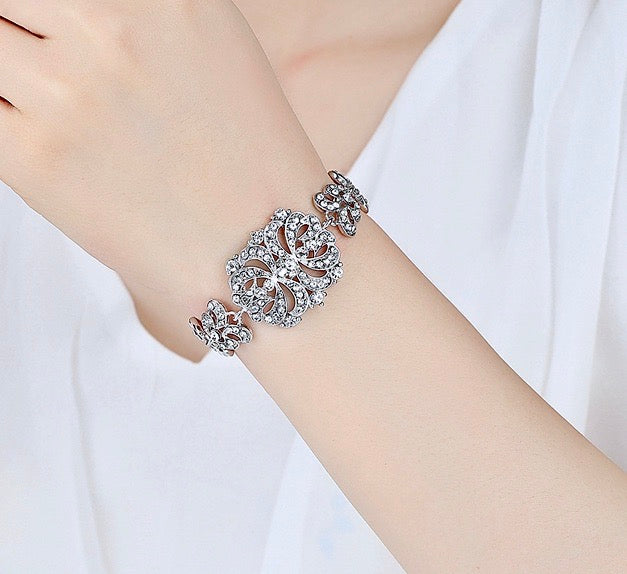 Wynona Rhinestone Bridal Bracelet and Earrings Set - Silver & Gold Wedding Jewelry for Brides, Bridesmaids & Formal Events