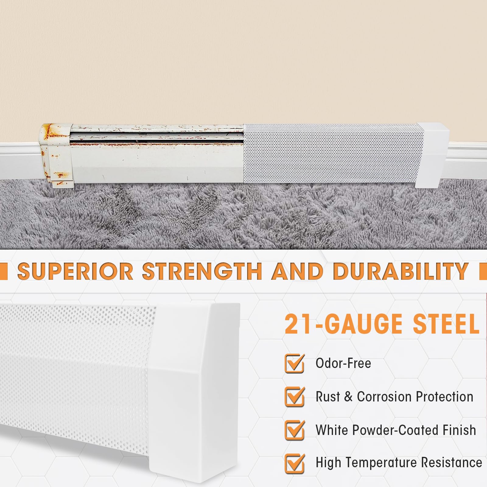 4ft Steel Easy Slip-On Baseboard Heater Cover with End Caps - White Hydronic Heating System Replacement for Bathroom, Bedroom & Living Room - Durable & Stylish Home Heating Solution