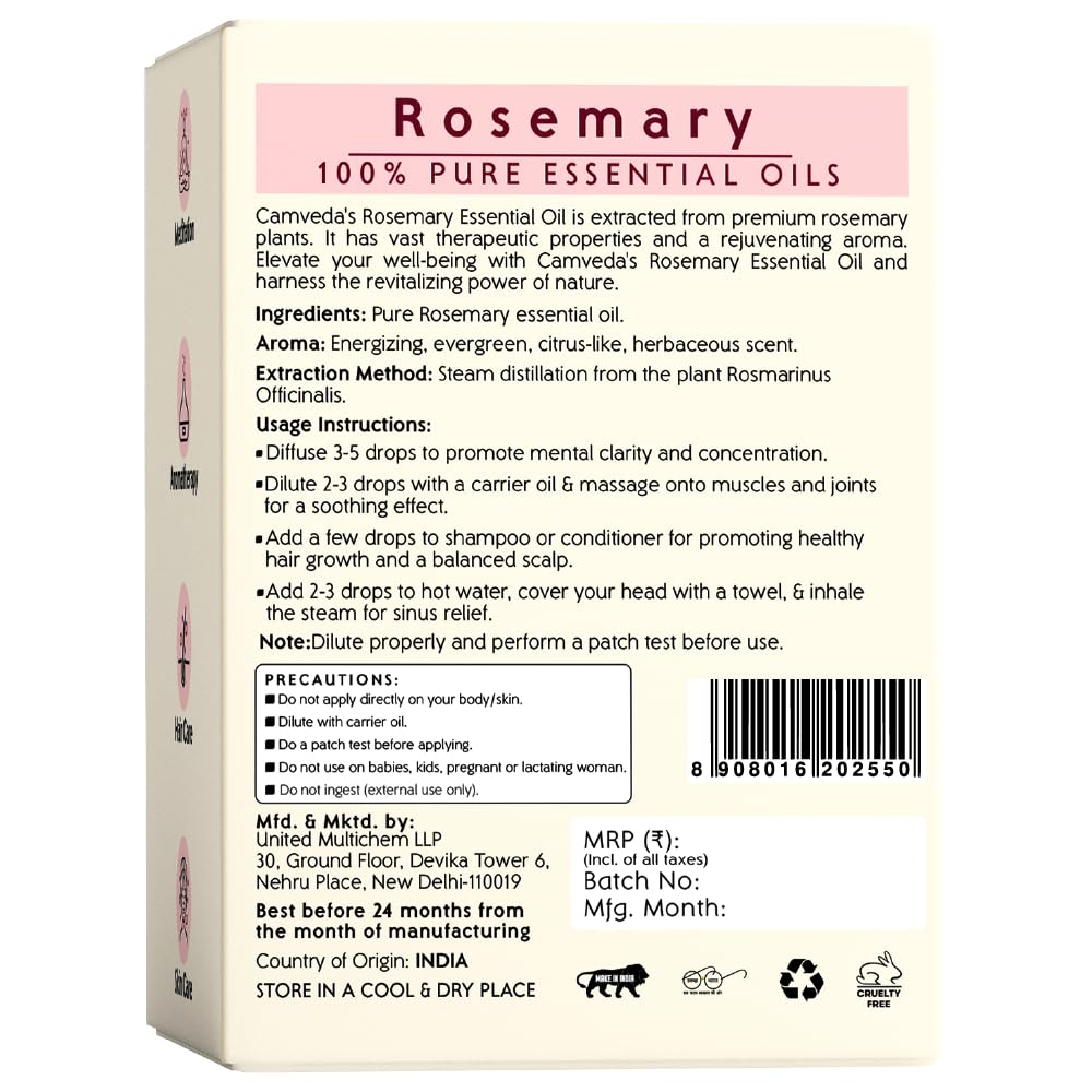 Camveda 100% Pure Rosemary Essential Oil 15ml - Natural Aromatherapy Oil for Relaxation, Hair Growth & Skin Care | Perfect for Diffusers, Massage & DIY Beauty Products