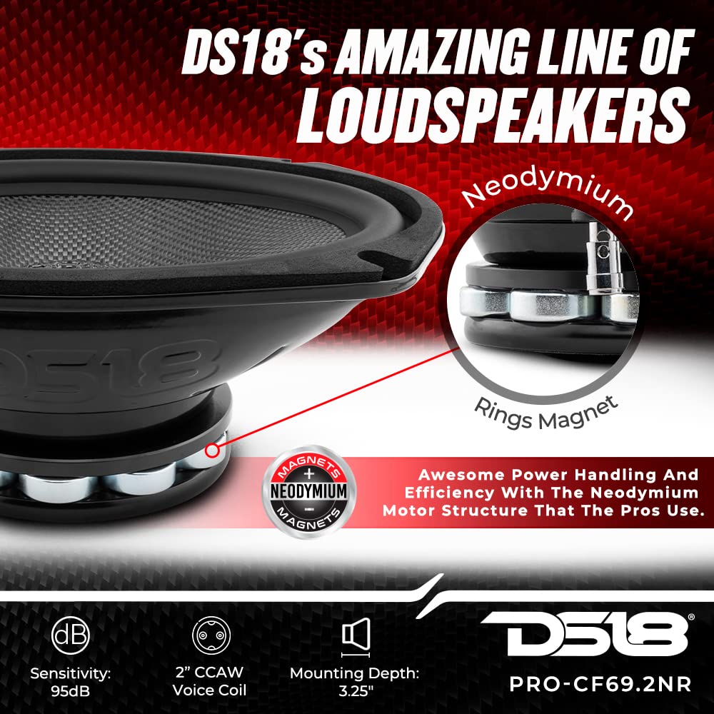 DS18 PRO-CF69.2NR 6x9 Inch Waterproof Car Speakers - 600W 2-Ohm Mid-Bass Carbon Fiber Cone with Neodymium Magnet - High Performance Audio for Motorcycles, ATVs, Boats & Off-Road Vehicles (Single Speaker)