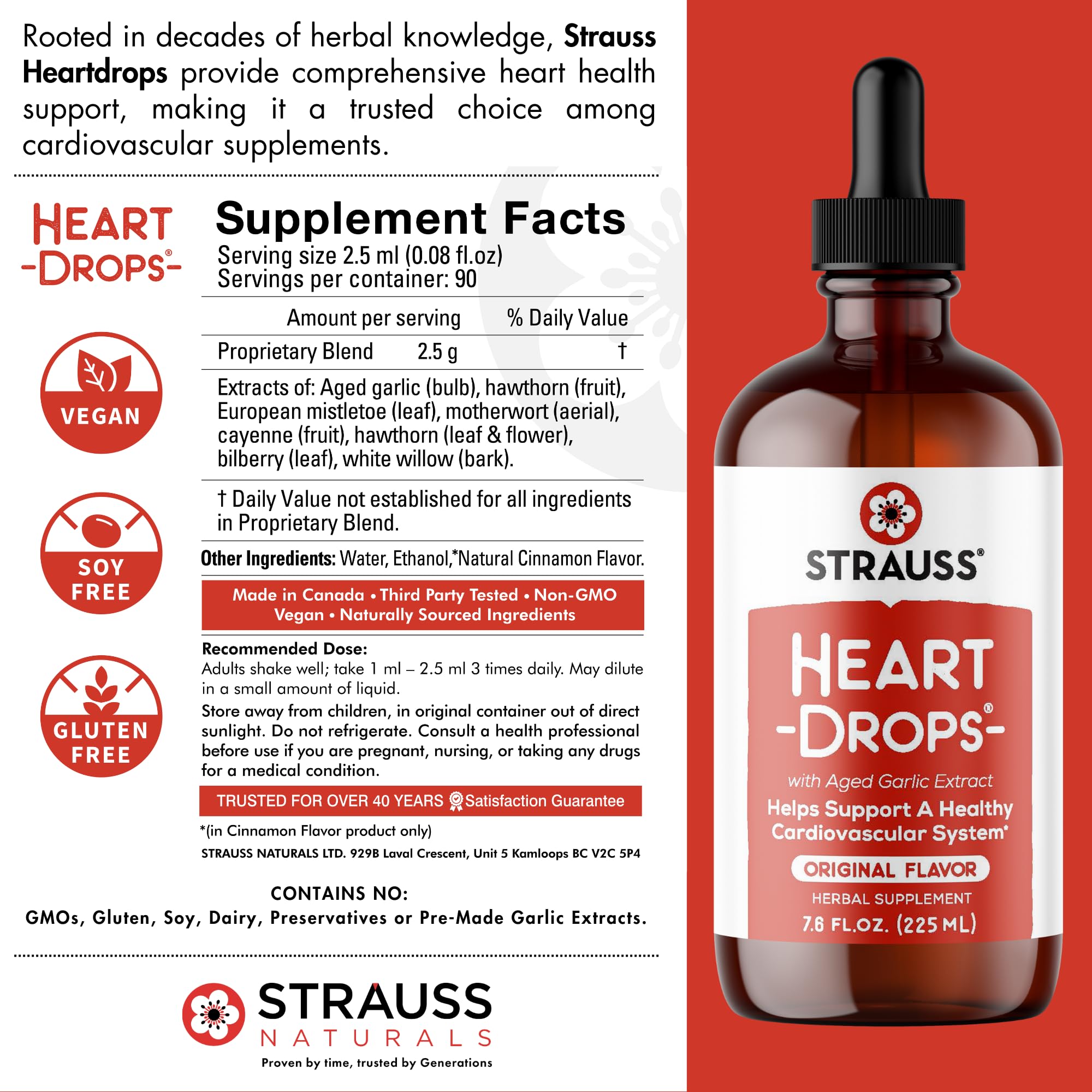 Strauss Naturals Heart Drops - Natural Mistletoe & Aged Garlic Extract Supplement for Cardiovascular Support - Vegan, Non-GMO Heart Health Formula - 225ml Bottle - Supports Healthy Blood Pressure & Circulation for Active Lifestyles
