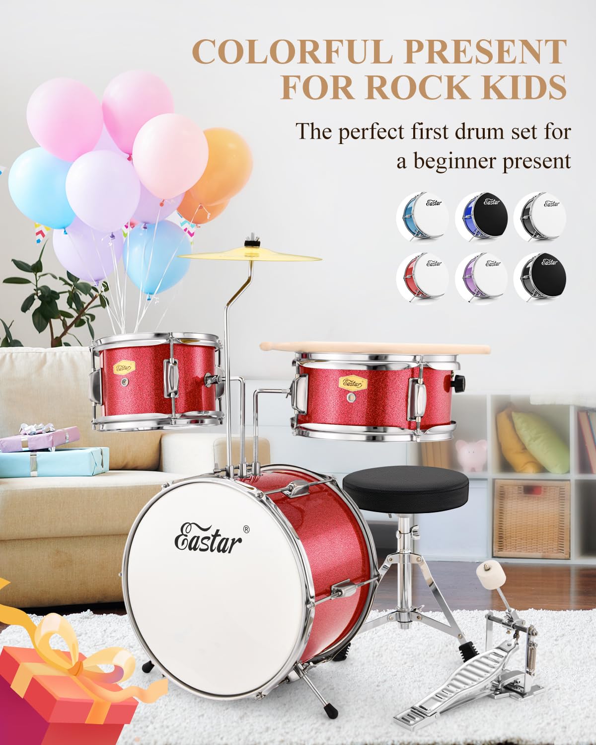 Eastar 3-Piece 14'' Junior Drum Set for Kids & Beginners - Complete Drum Kit with Adjustable Throne, Cymbal, Pedal & 2 Pairs Drumsticks - Perfect for Home Practice, Music Lessons & First-Time Players (Metallic Red)
