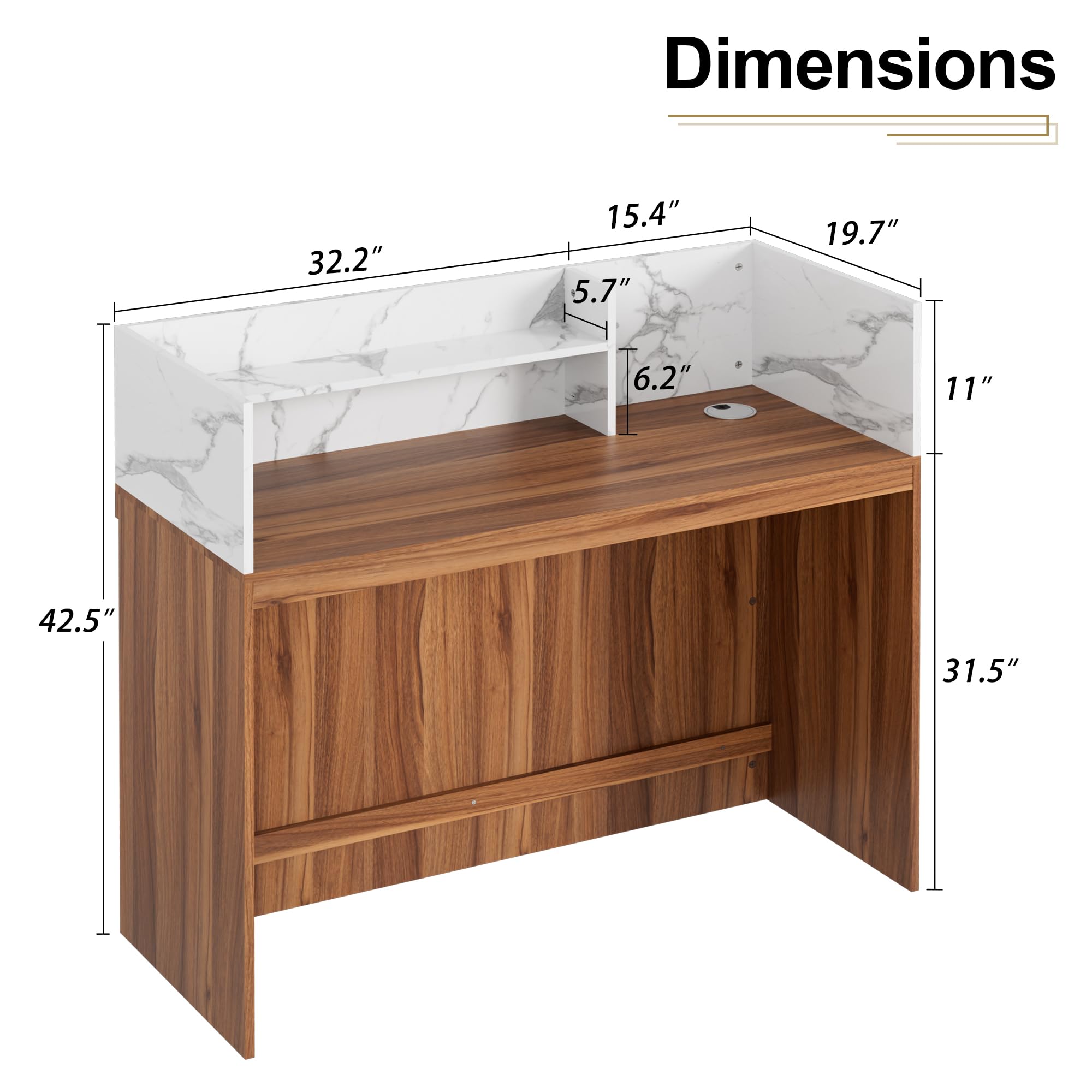 Modern Reception Desk with Counter - Marble Top Front Desk with LED Lights & Cable Grommet for Office, Beauty Salon, Hotel Lobby | Durable Checkout Counter for Retail Stores & Home Office Workspace