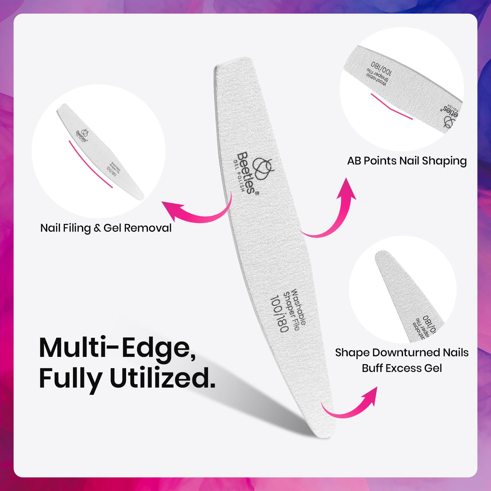 Beetles Professional Nail File and Buffer Set - 3 Pcs 100/180/240 Grit Nail Files for Acrylic, Gel & Natural Nails - Manicure Tools for Home Salon, DIY Nail Care - Perfect Gift for Women & Nail Enthusiasts (Use for shaping, smoothing, and polishing nails at home or professional salons)