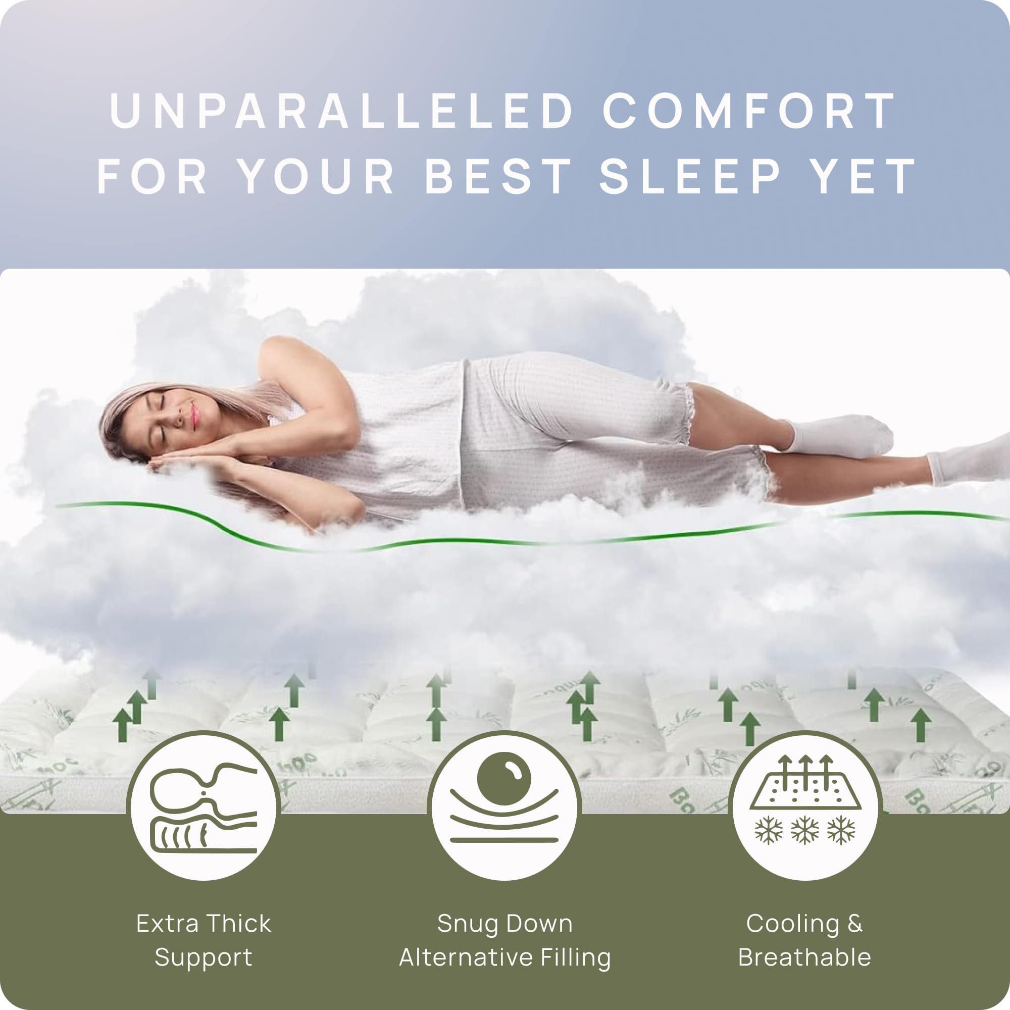King Size Cooling Mattress Topper - Plush Bamboo Viscose Pillow Top for Back Pain Relief | Fits 8-21