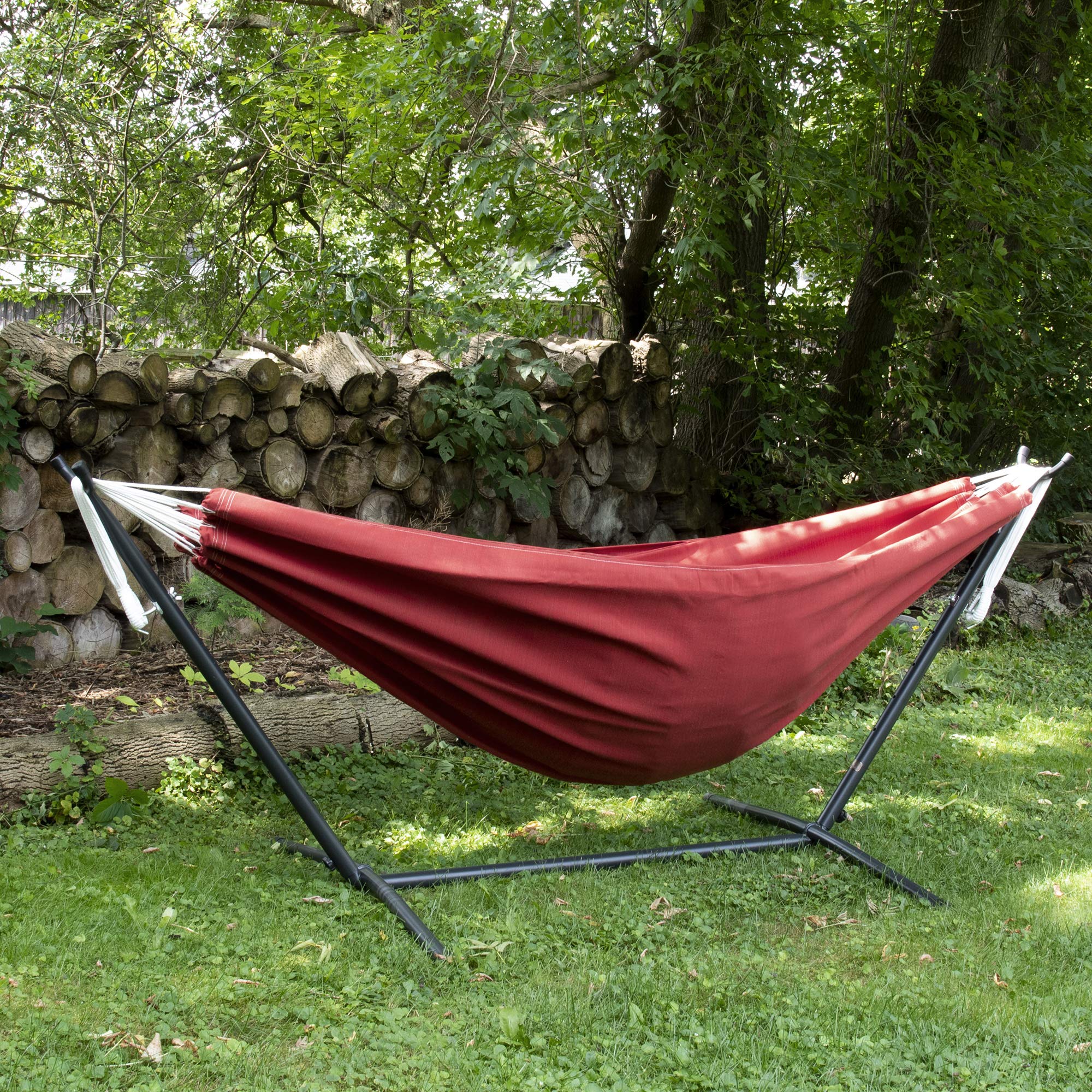 Premium Vivere Double Sunbrella Hammock with Space-Saving Steel Stand - 450 lb Weight Capacity - Includes Carry Bag (Crimson) - Perfect for Backyard, Patio, Camping & Outdoor Relaxation