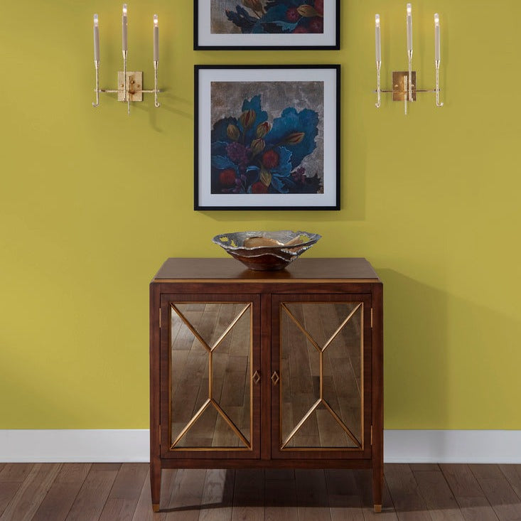 Amanda Walnut Wood Cabinet with Brass Handles and Mirror Accents - Elegant Storage Solution for Living Room, Bedroom or Entryway